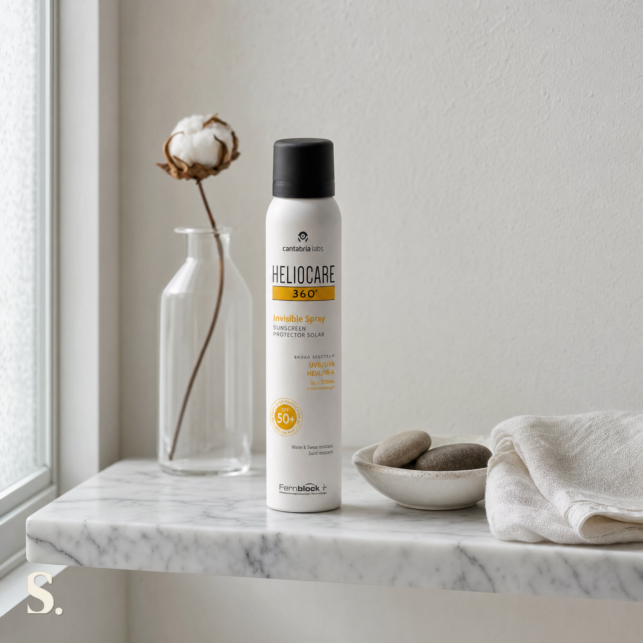 Heliocare 360° Invisible Spray SPF50+ in a lifestyle bathroom setting — Skintique review