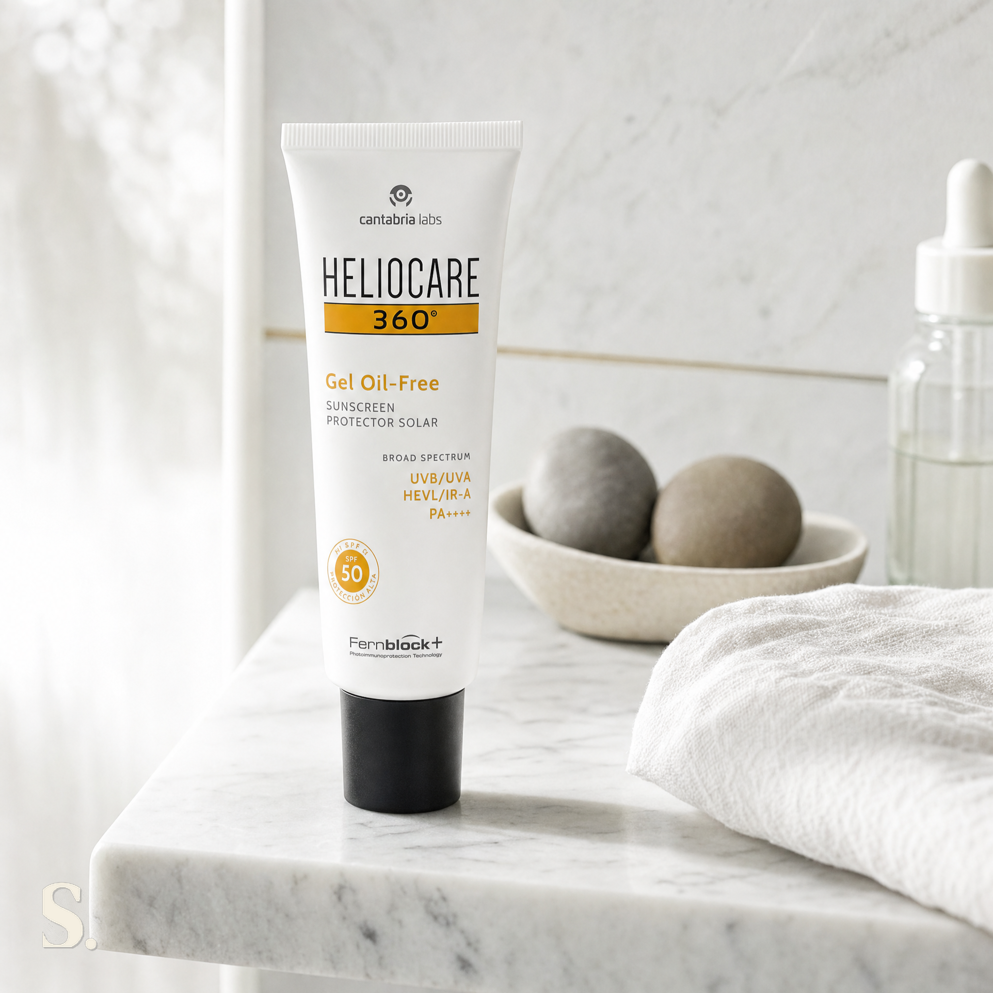 Heliocare 360° Gel Oil-Free SPF50 in a lifestyle bathroom setting — Skintique review