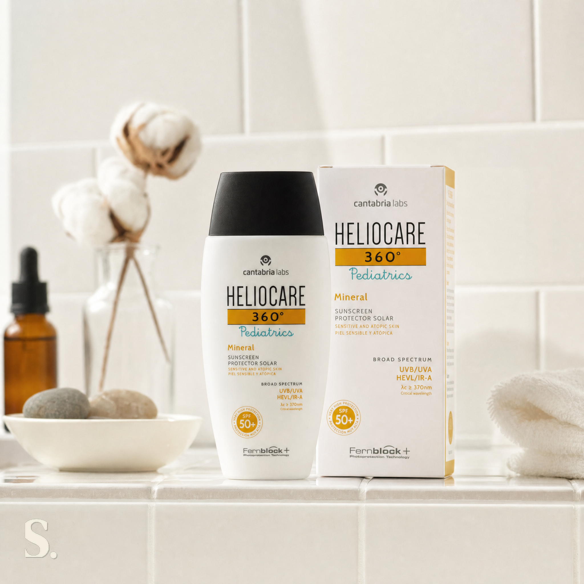 Heliocare 360° Pediatrics Mineral SPF50+ in a lifestyle bathroom setting — Skintique review