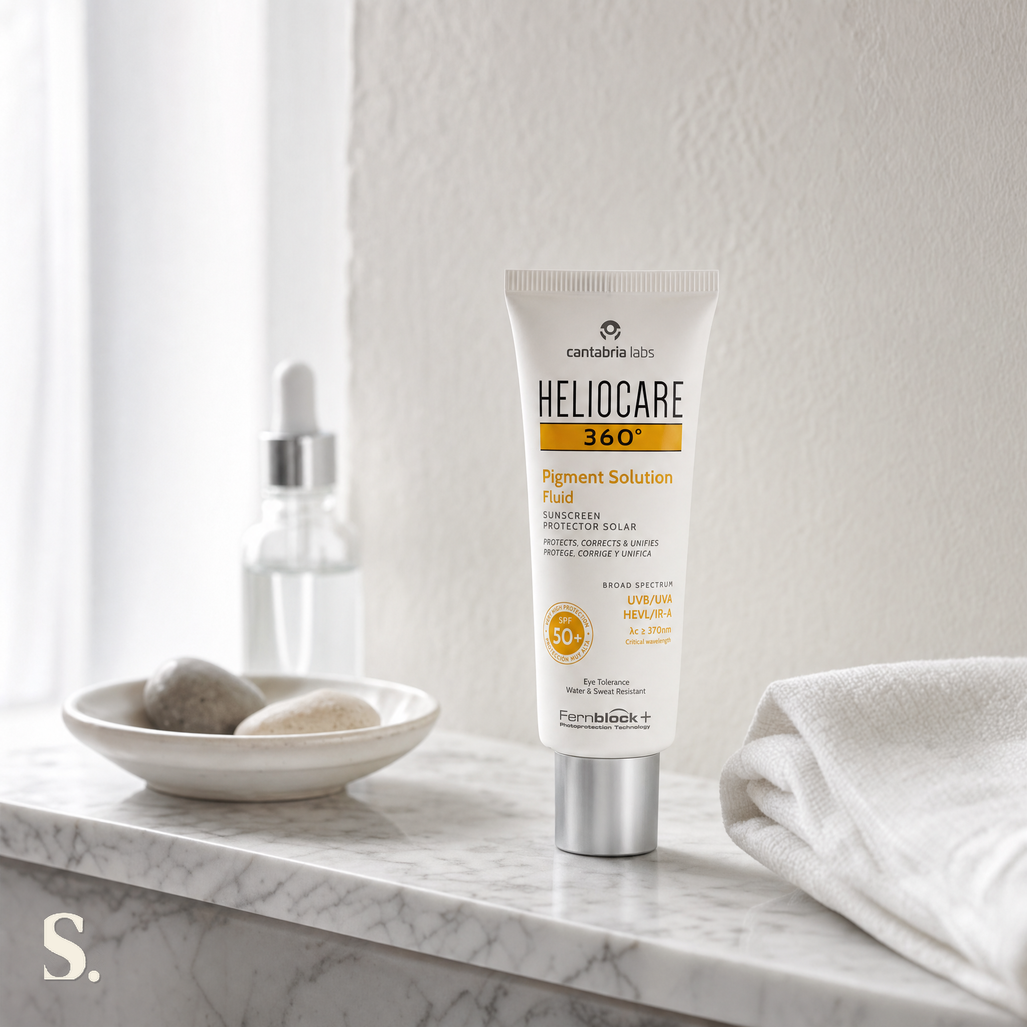 Heliocare 360 Pigment Solution Fluid SPF50+ in a lifestyle bathroom setting — Skintique review