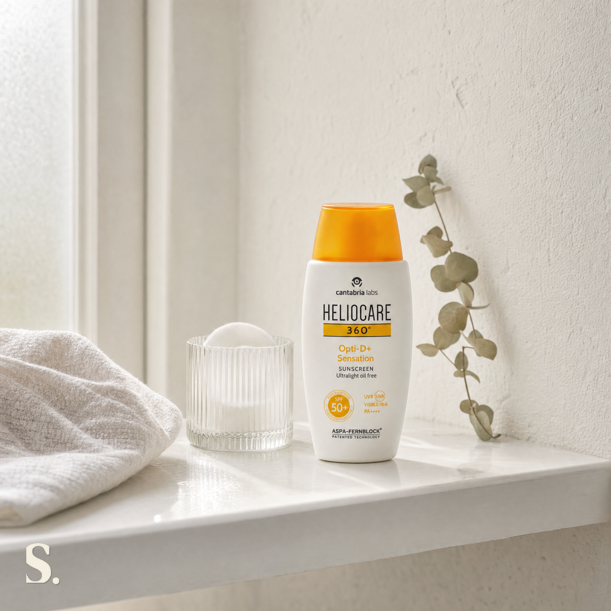 Heliocare 360° Sensation SPF50+ in a lifestyle bathroom setting — Skintique review