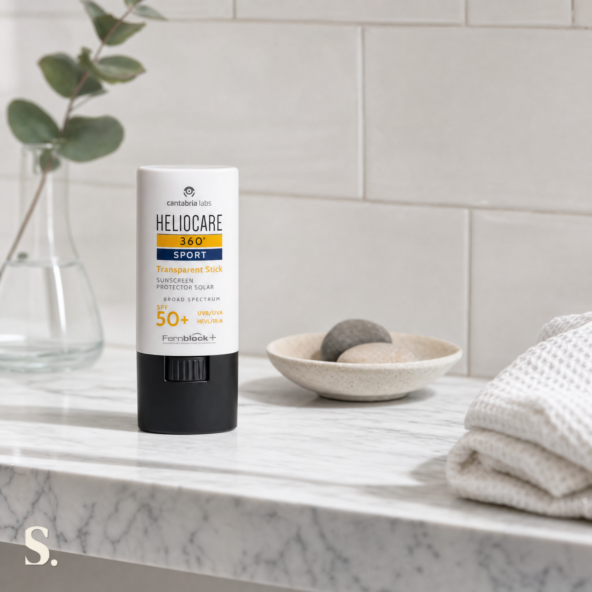 Heliocare 360° SPORT Transparent Stick SPF50+ in a lifestyle bathroom setting — Skintique review