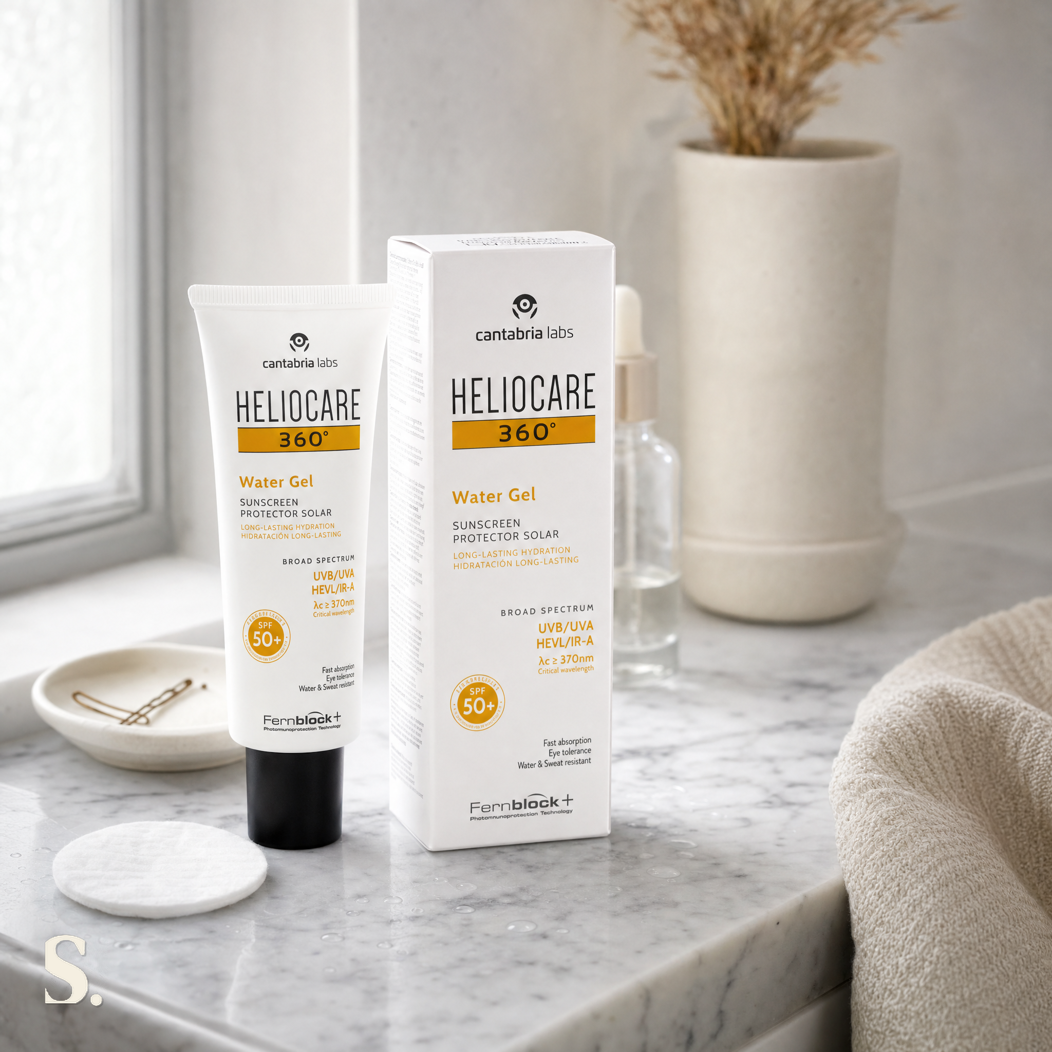 Heliocare 360° Water Gel SPF50+ in a lifestyle bathroom setting — Skintique review