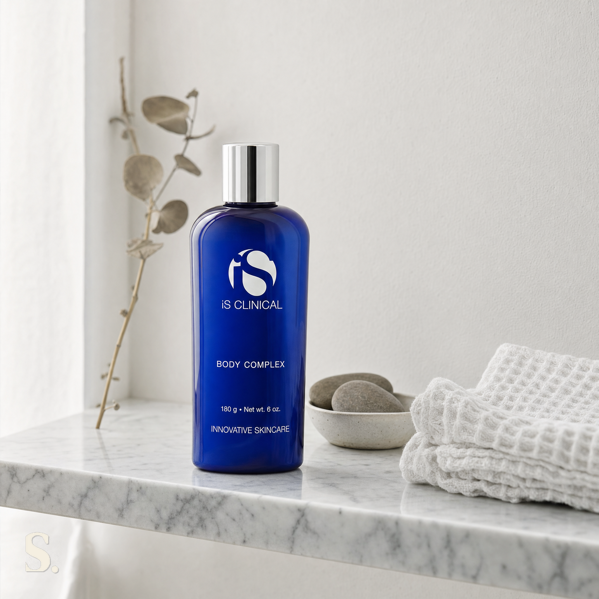iS Clinical Body Complex in a lifestyle bathroom setting — Skintique review