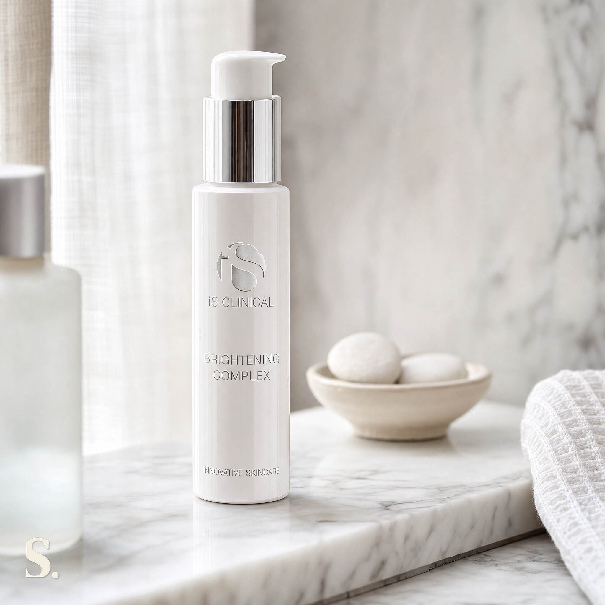 iS Clinical Brightening Complex in a lifestyle bathroom setting — Skintique review