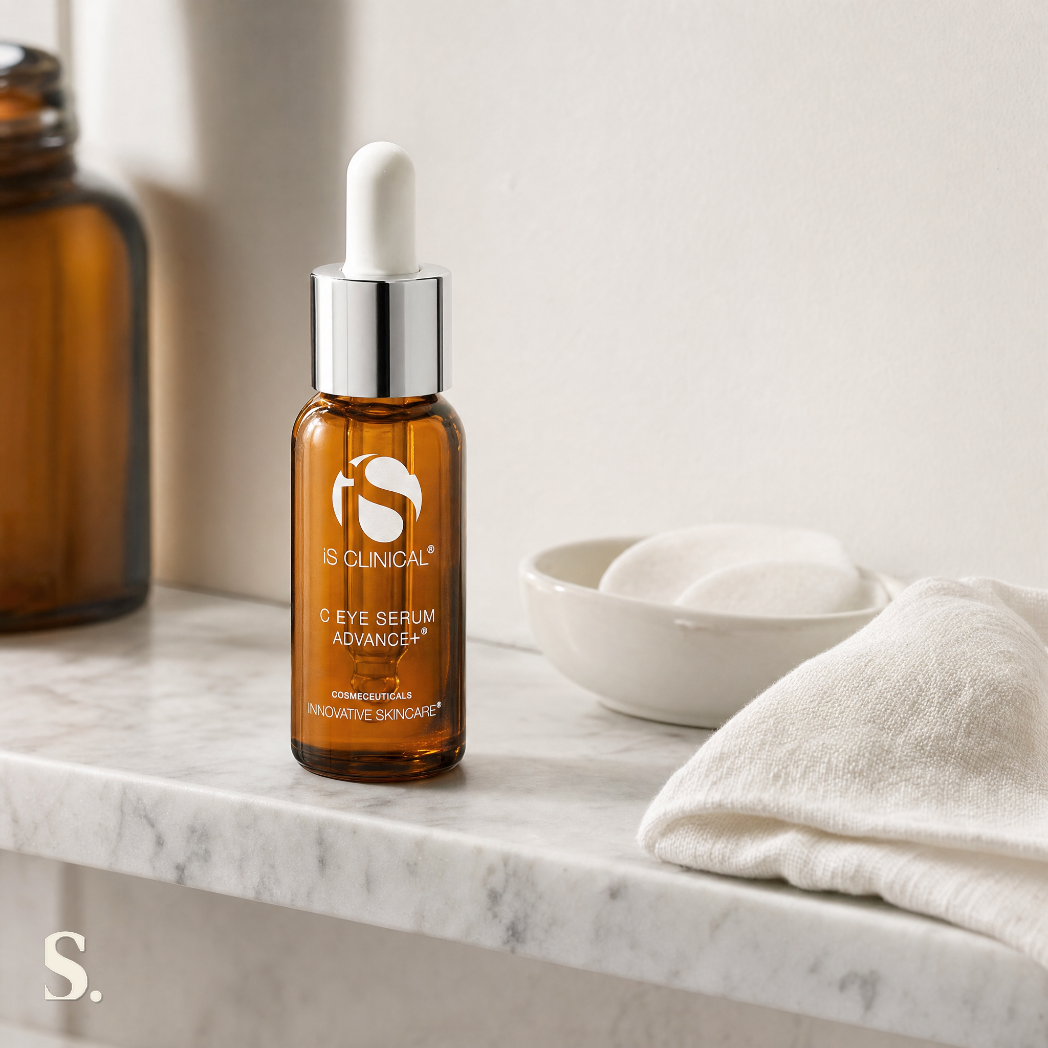 iS Clinical C Eye Serum Advance+ in a lifestyle bathroom setting — Skintique review