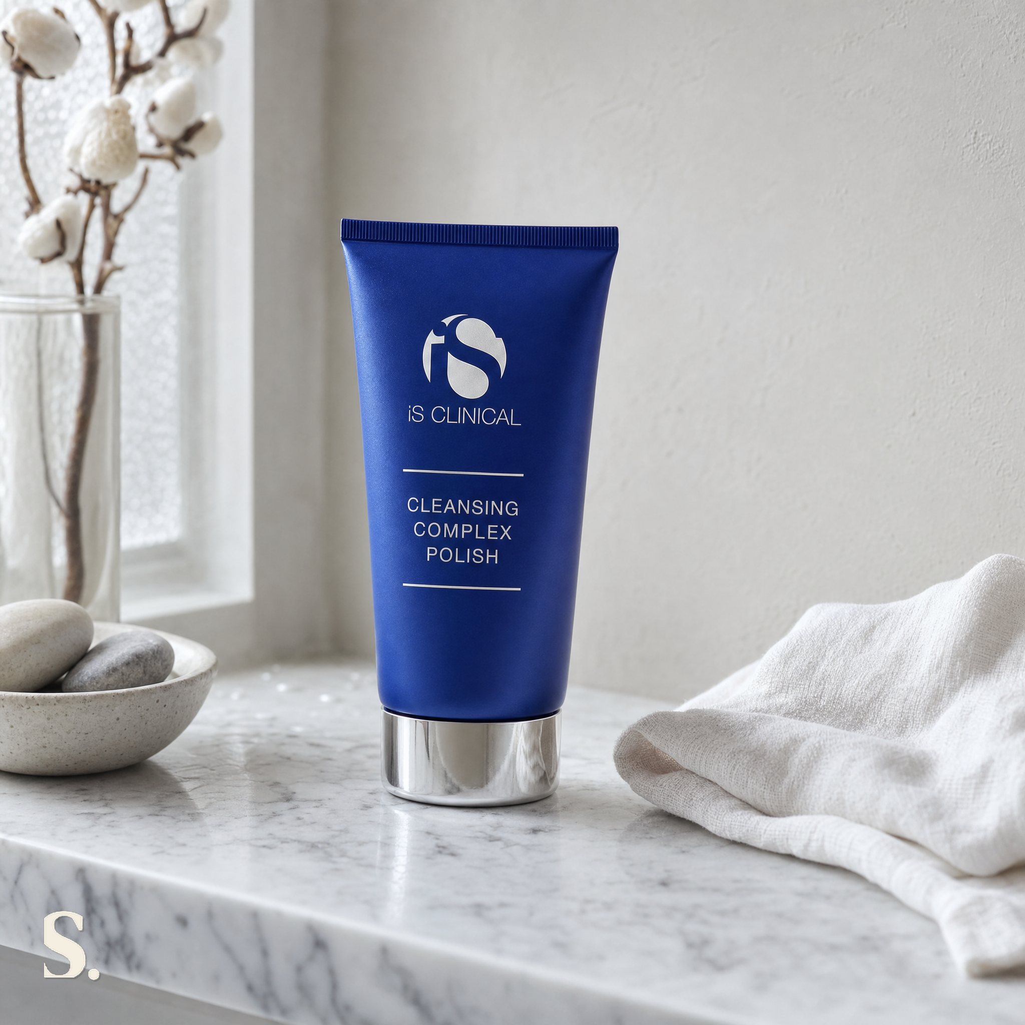 iS Clinical Cleansing Complex Polish in a lifestyle bathroom setting — Skintique review
