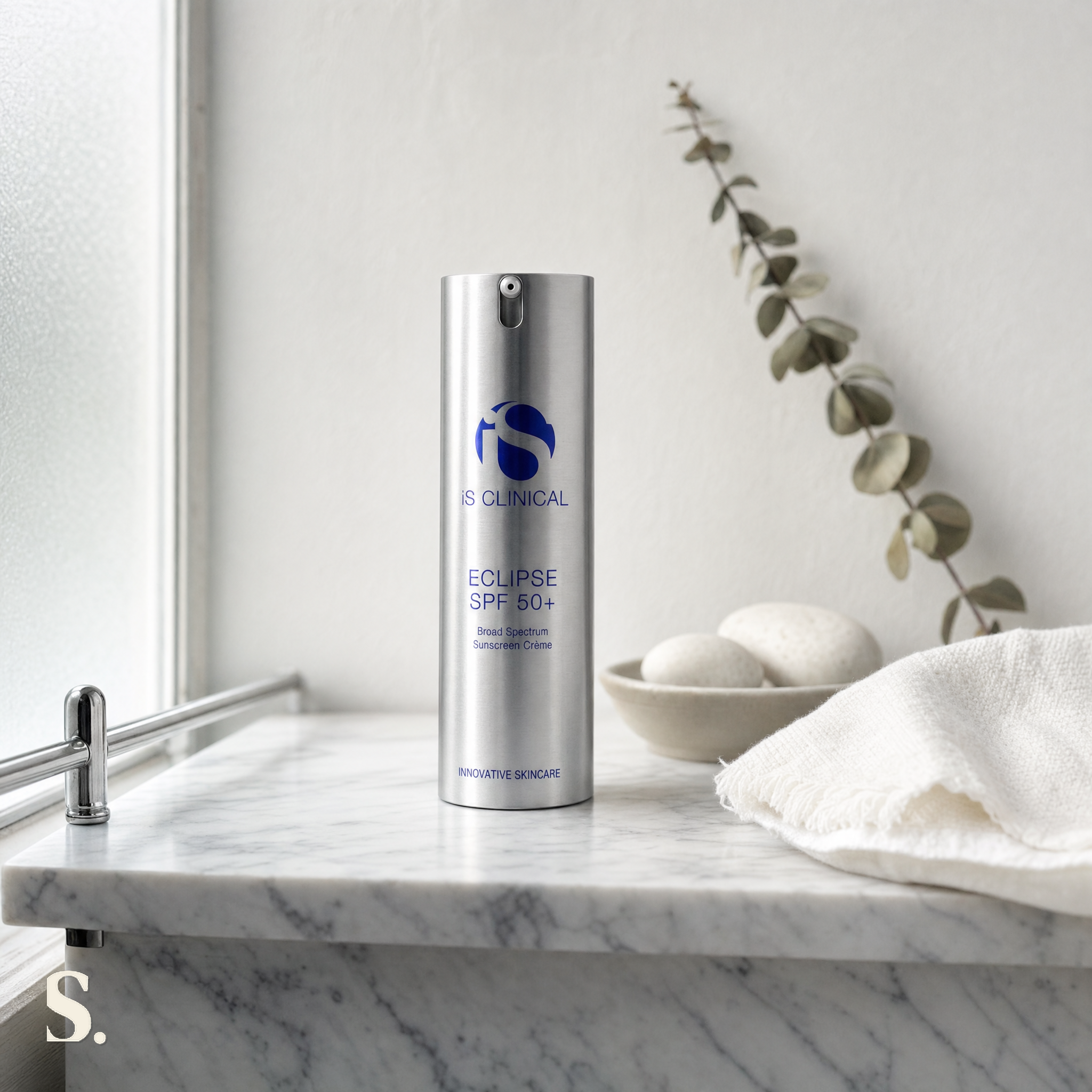 iS Clinical Eclipse SPF 50+ in a lifestyle bathroom setting — Skintique review