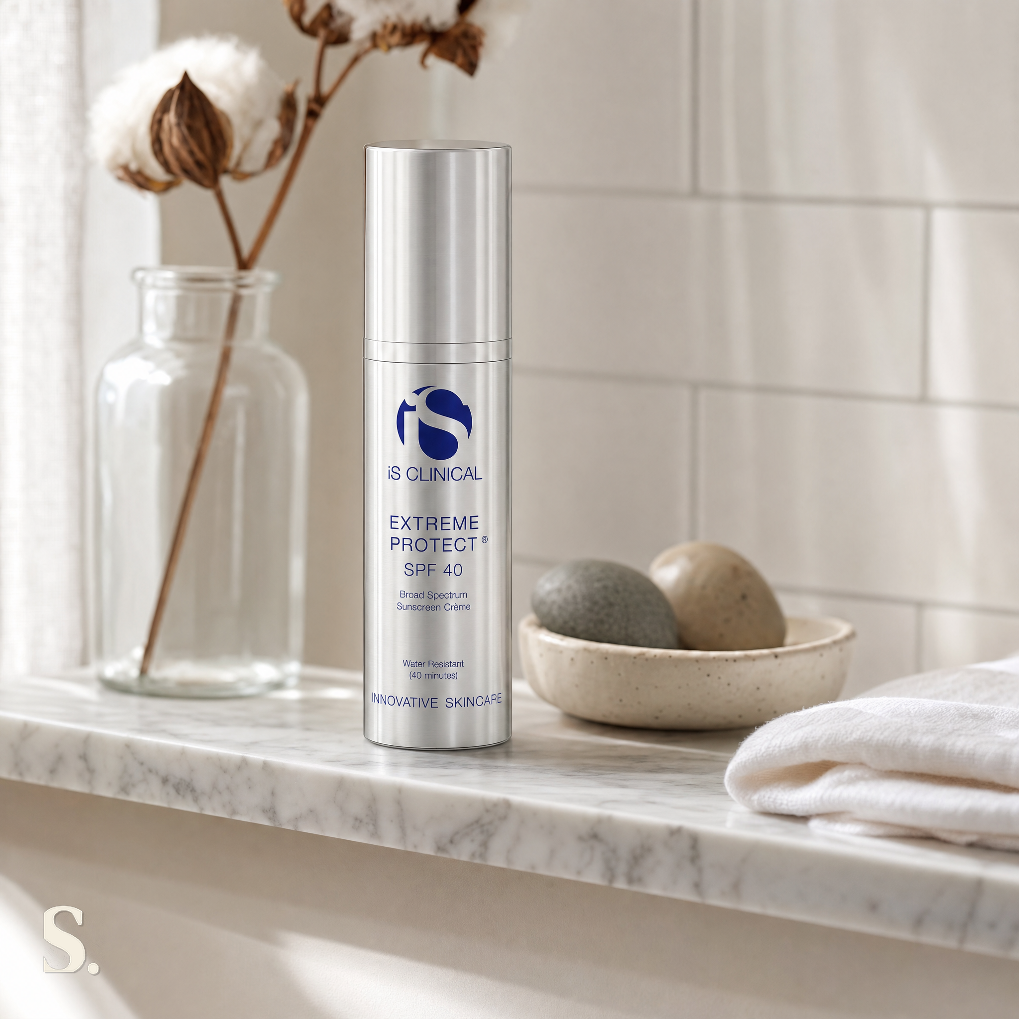 iS Clinical Extreme Protect SPF 40 in a lifestyle bathroom setting — Skintique review