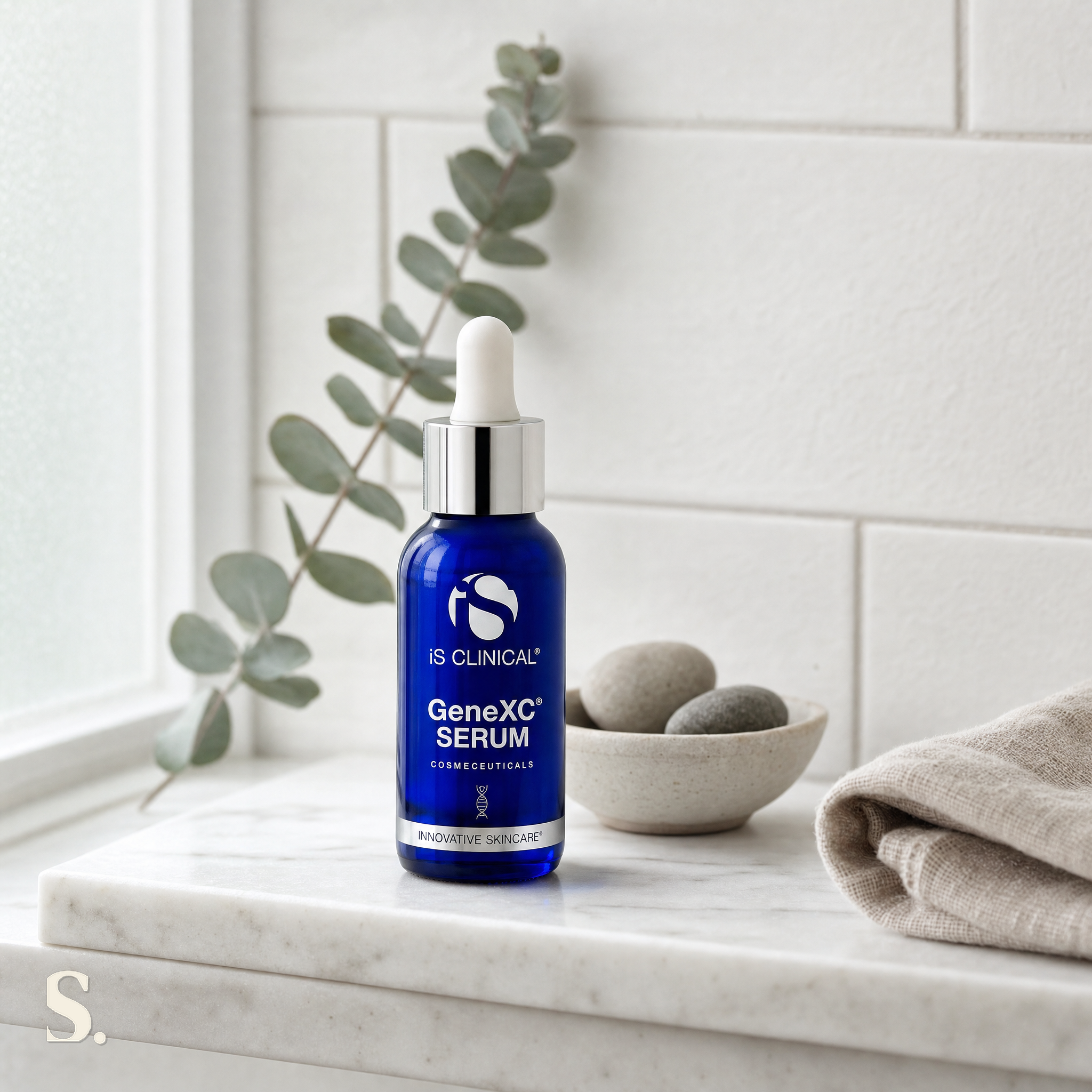 iS Clinical GeneXC Serum in a lifestyle bathroom setting — Skintique review