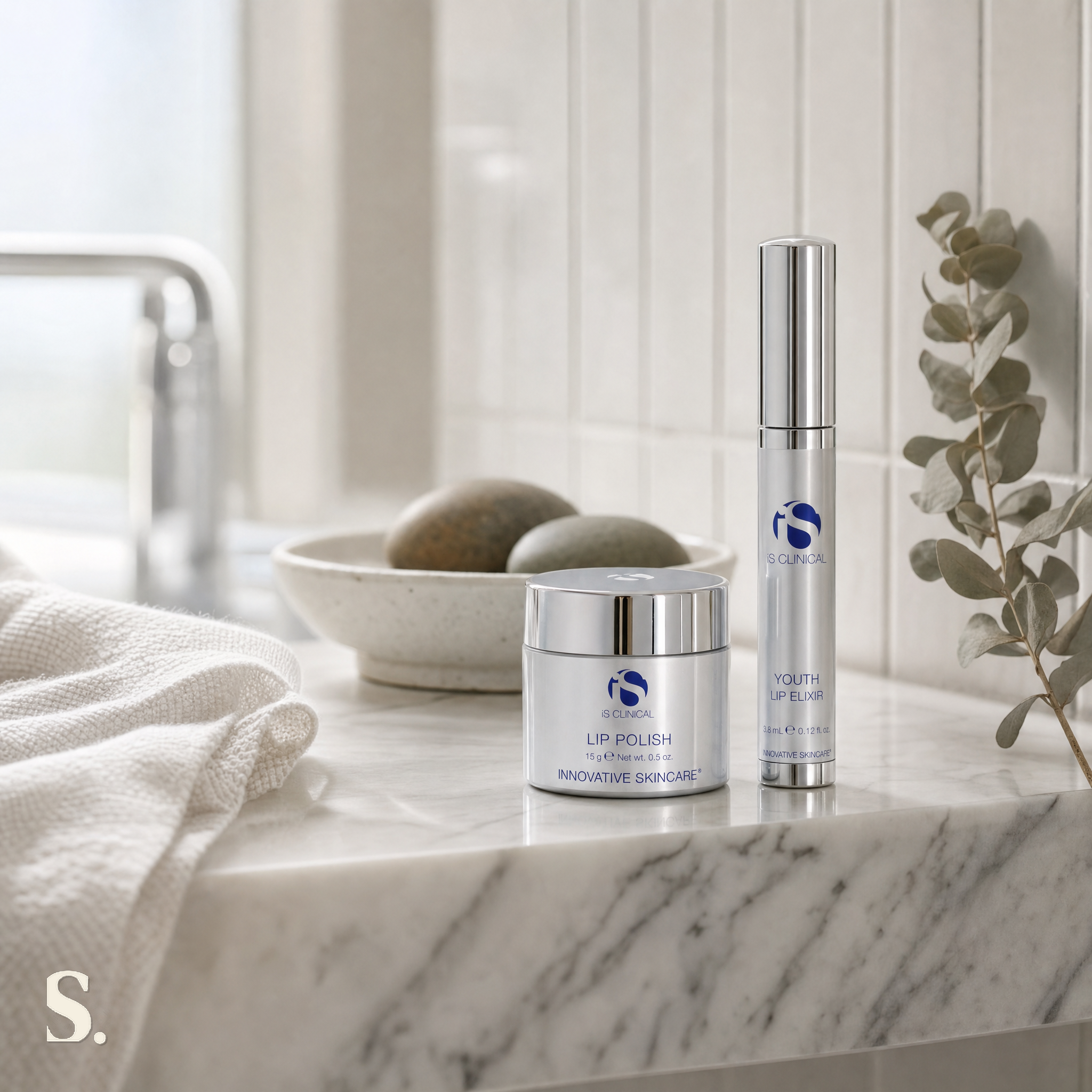 iS Clinical Lip Duo in a lifestyle bathroom setting — Skintique review