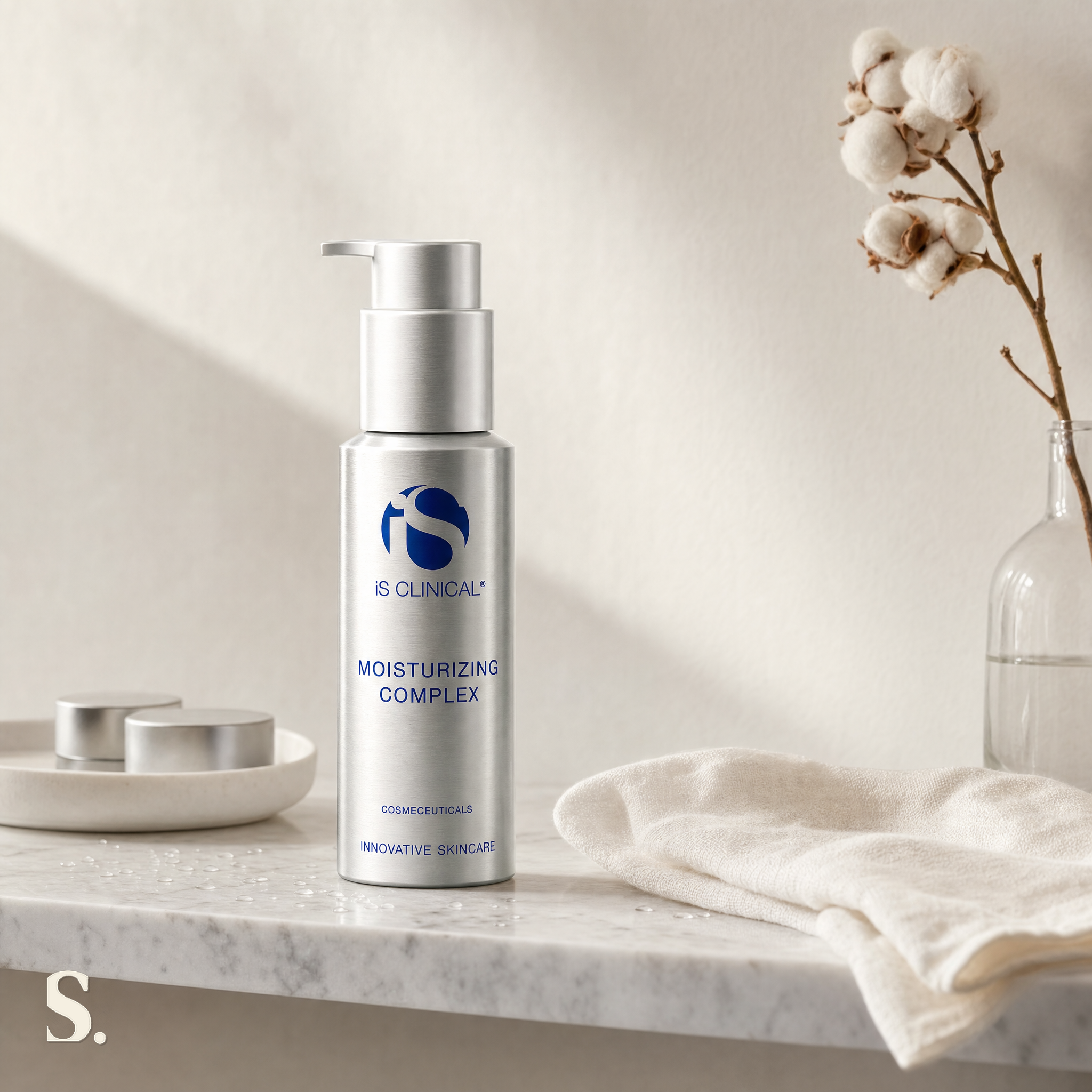 iS Clinical Moisturizing Complex in a lifestyle bathroom setting — Skintique review
