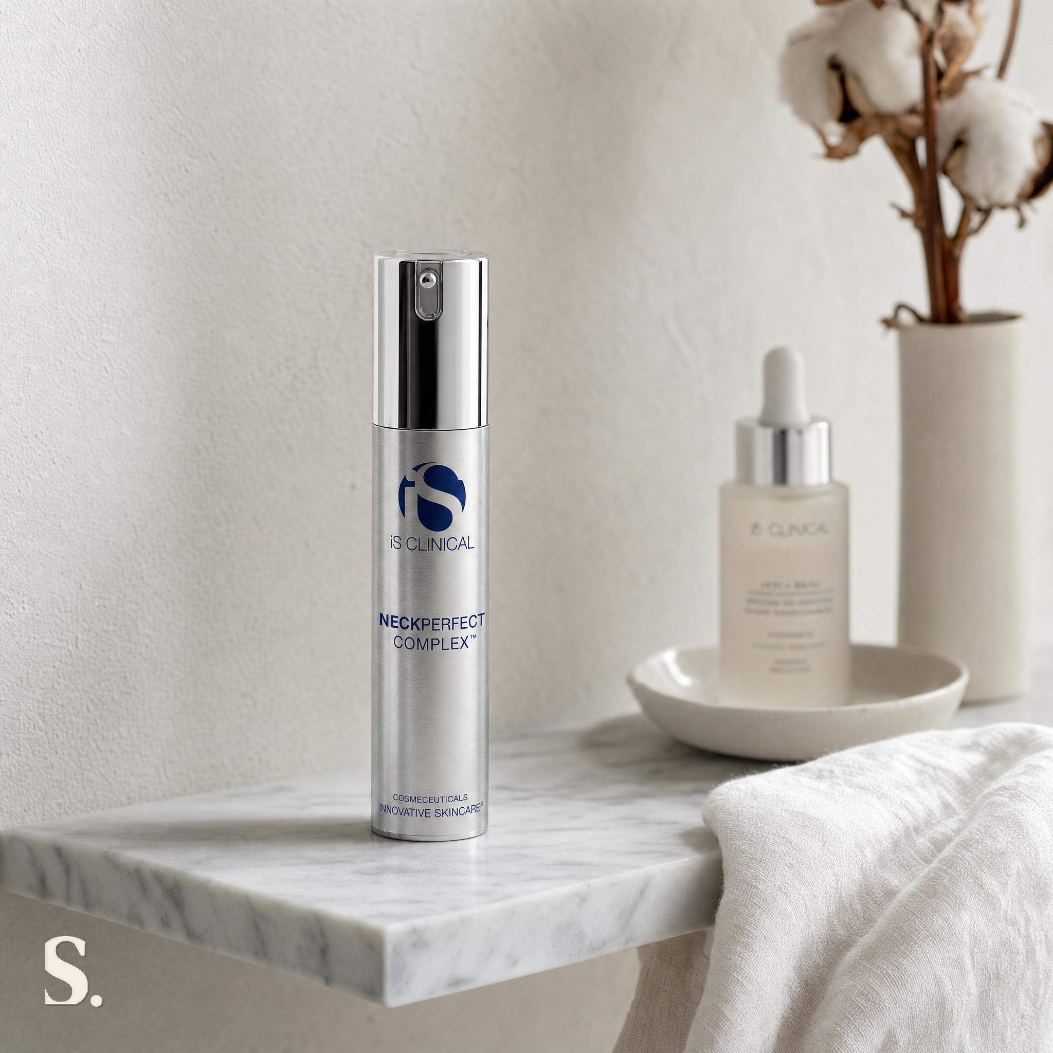 iS Clinical Neckperfect Complex in a lifestyle bathroom setting — Skintique review
