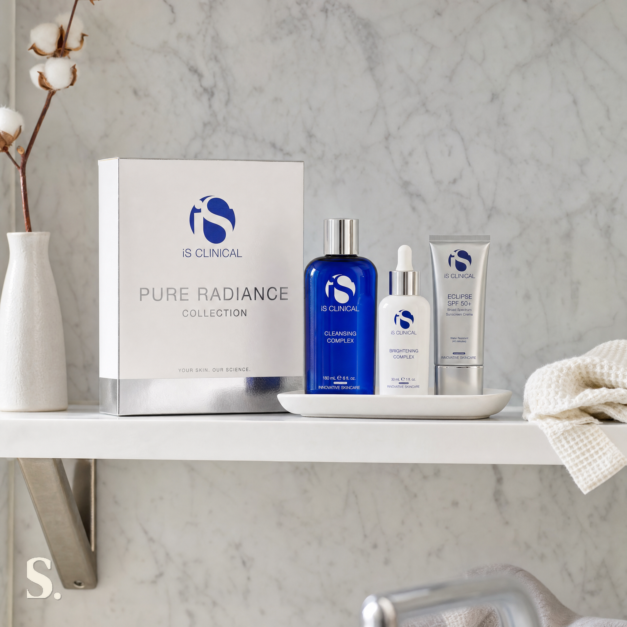 iS Clinical Pure Radiance Collection in a lifestyle bathroom setting — Skintique review