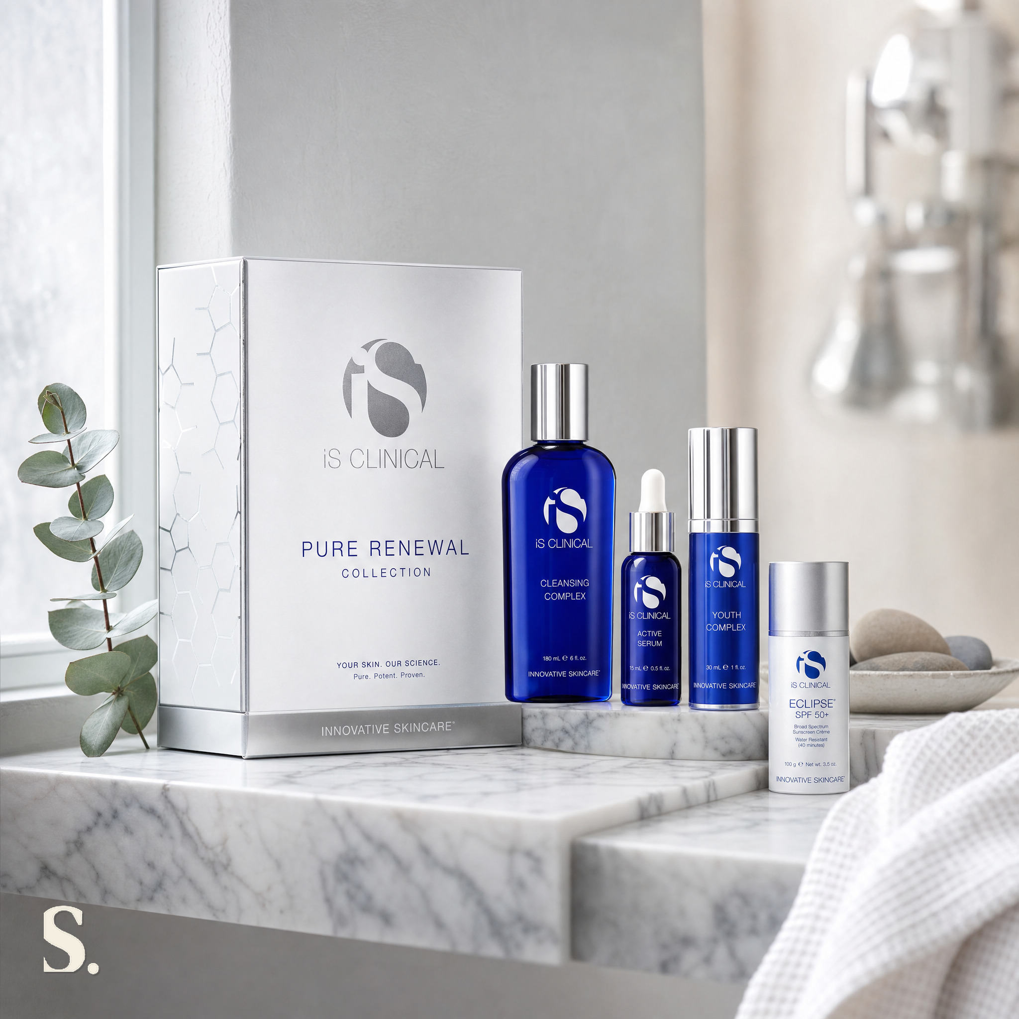iS Clinical Pure Renewal Collection in a lifestyle bathroom setting — Skintique review