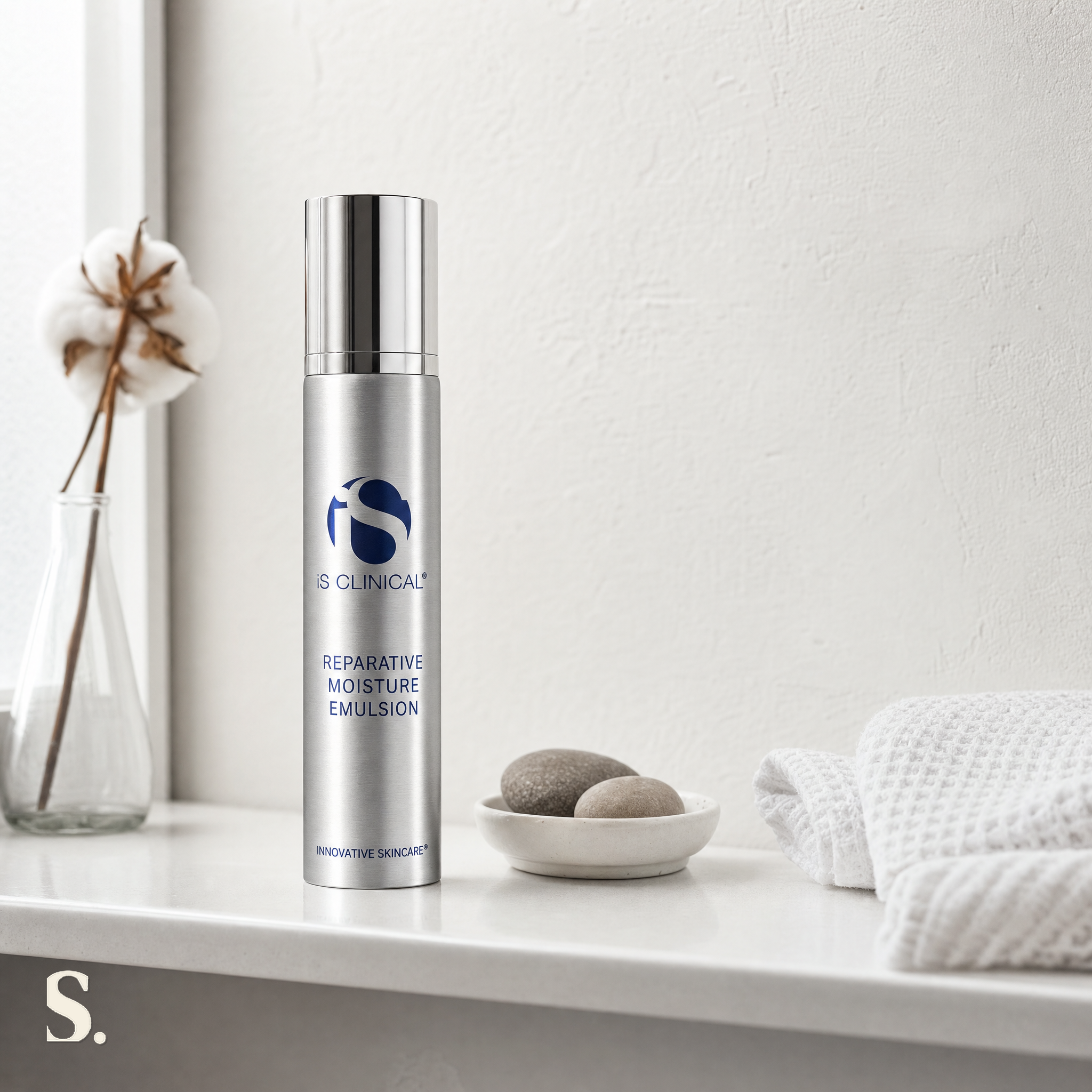 iS Clinical Reparative Moisture Emulsion in a lifestyle bathroom setting — Skintique review