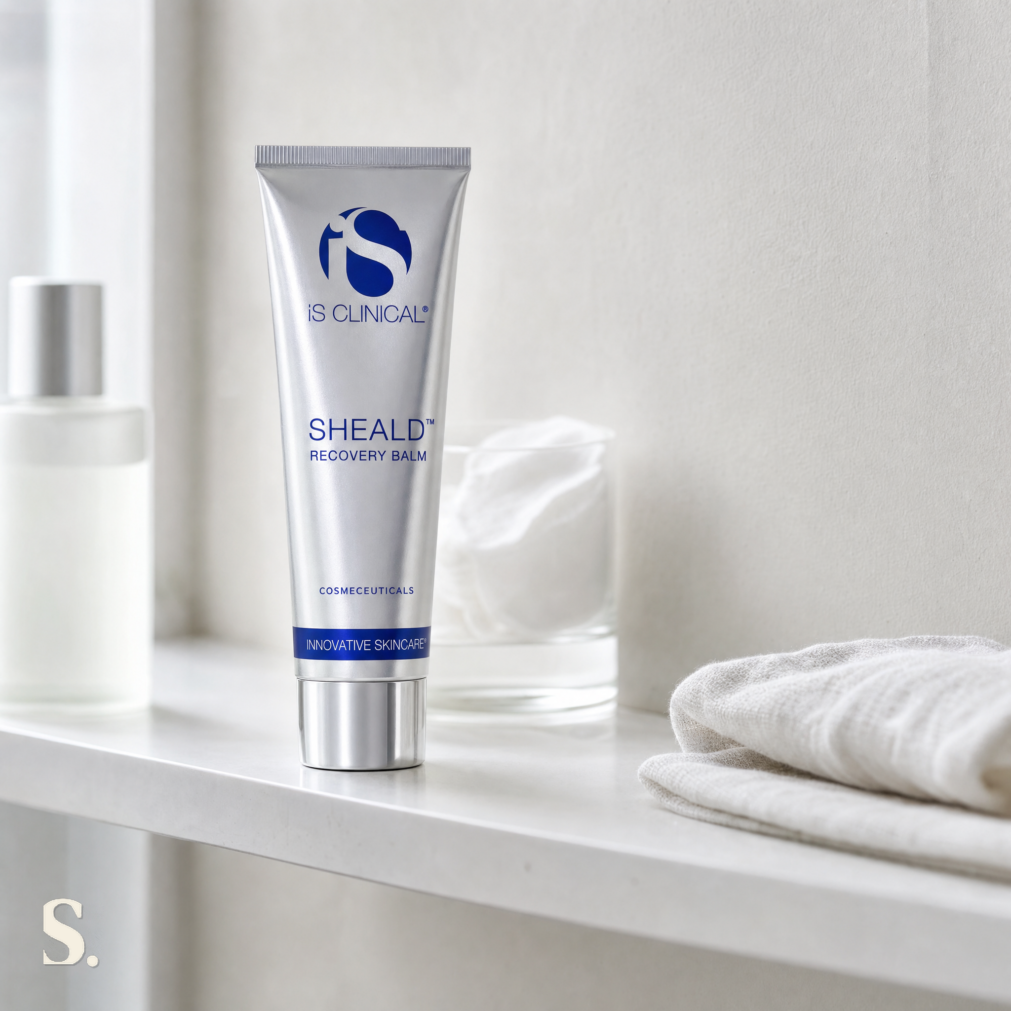 iS Clinical Sheald Recovery Balm in a lifestyle bathroom setting — Skintique review