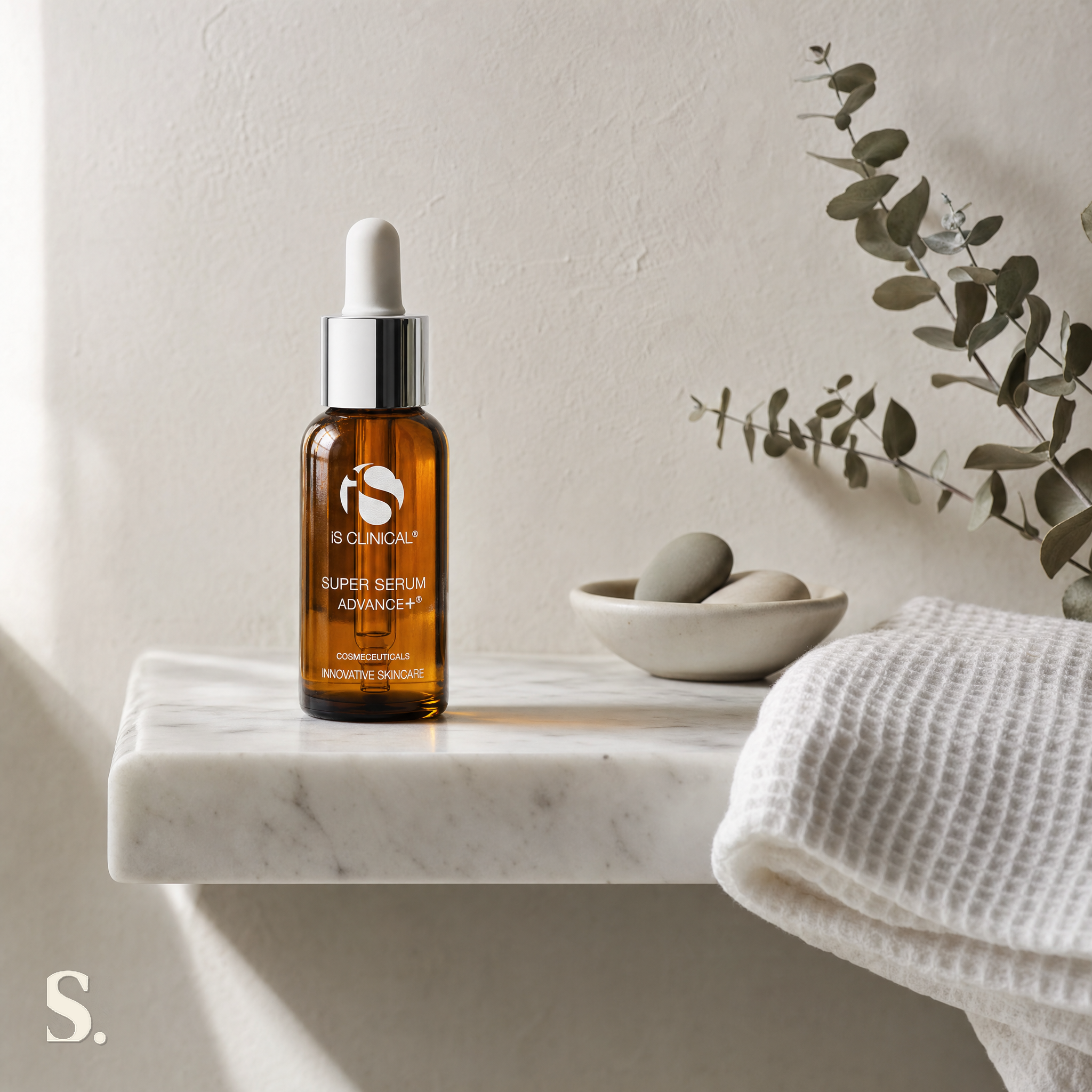 iS Clinical Super Serum Advance+ in a lifestyle bathroom setting — Skintique review