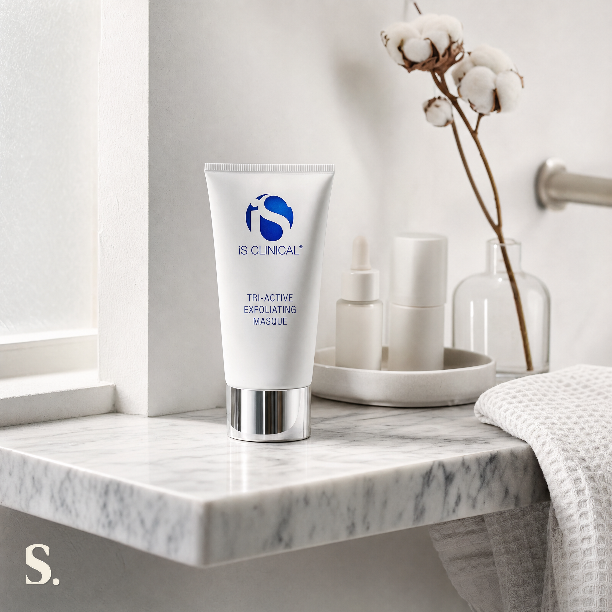 iS Clinical Tri-Active Exfoliating Masque in a lifestyle bathroom setting — Skintique review