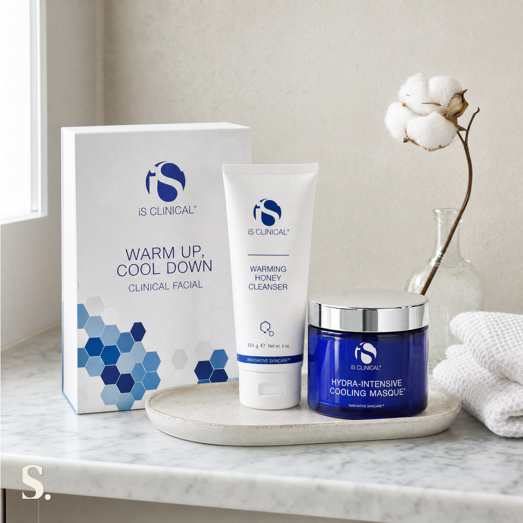 iS Clinical Warm Up Cool Down in a lifestyle bathroom setting — Skintique review