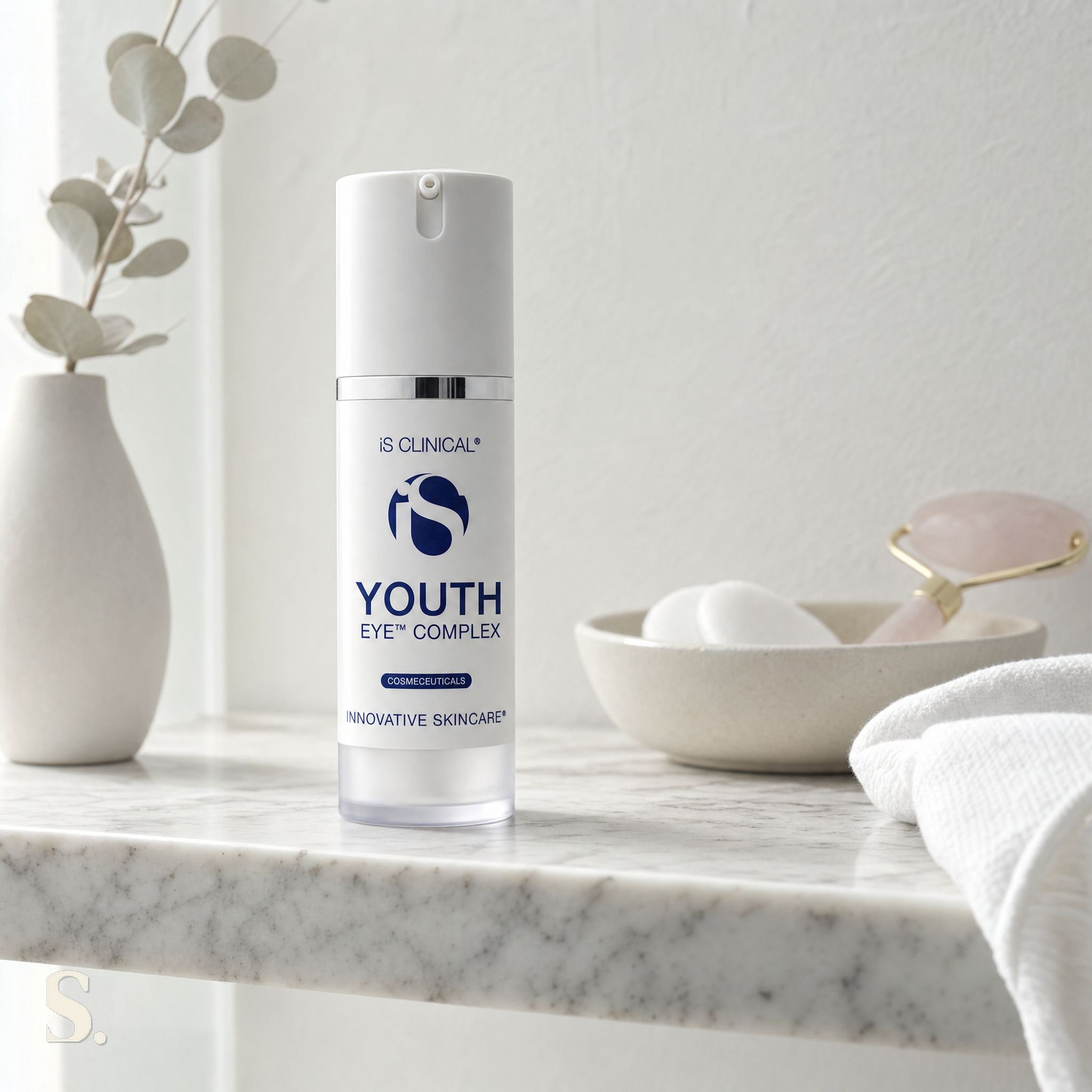 iS Clinical Youth Eye Complex in a lifestyle bathroom setting — Skintique review