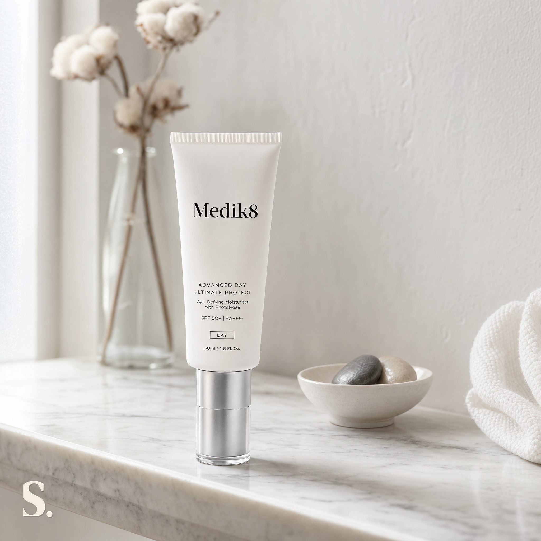 Medik8 Advanced Day Ultimate Protect SPF 50 in a lifestyle bathroom setting — Skintique review