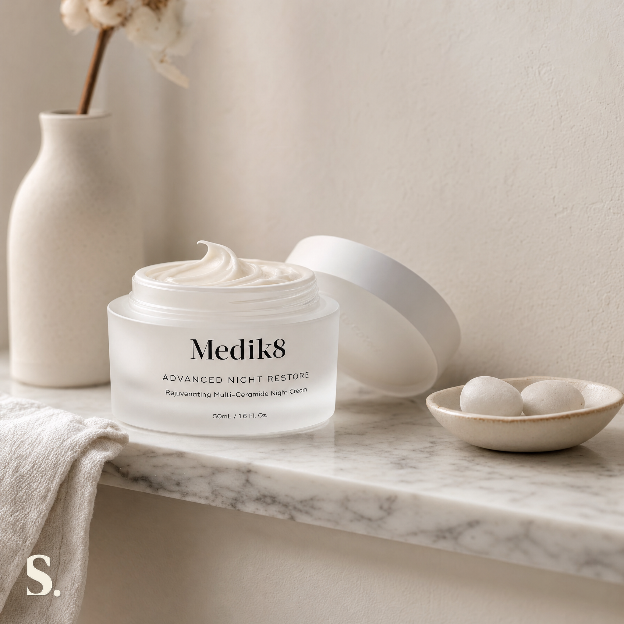 Medik8 Advanced Night Restore in a lifestyle bathroom setting — Skintique review