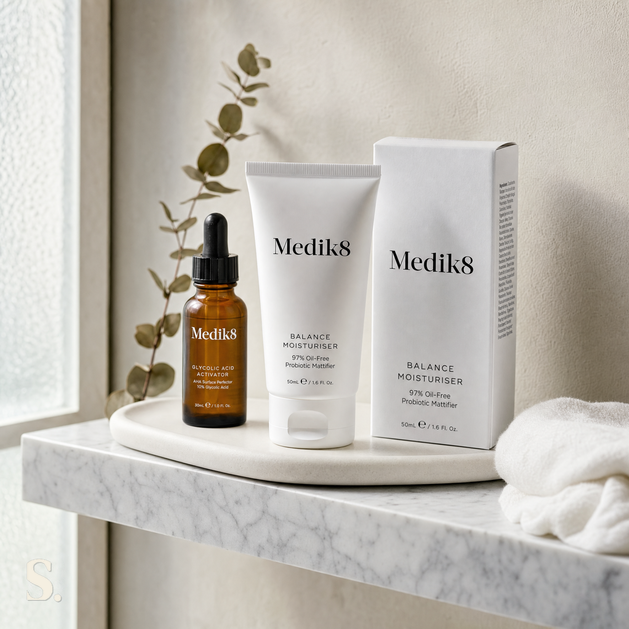 Medik8 Balance Moisturiser in a lifestyle bathroom setting — Skintique review