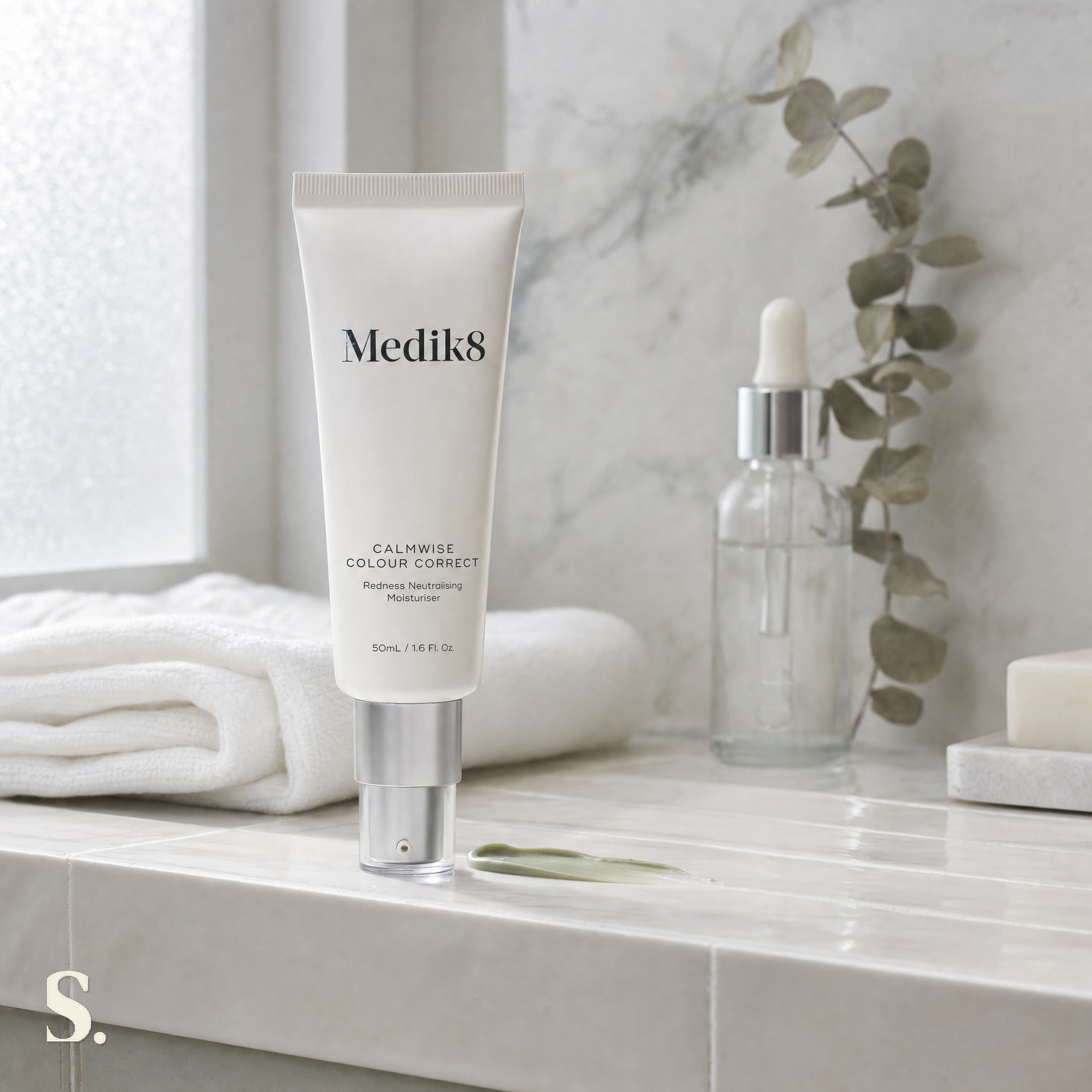 Medik8 Calmwise™ Colour Correct Review in a lifestyle bathroom setting — Skintique review