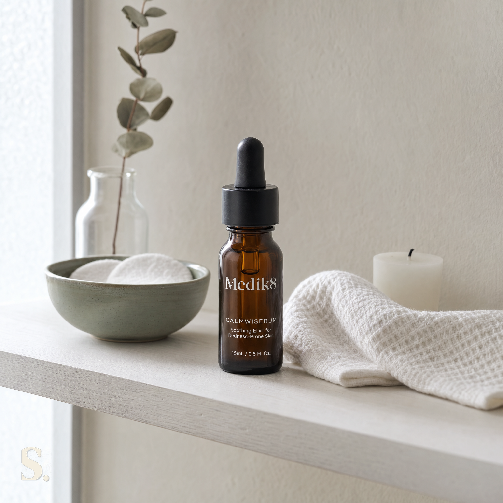 Medik8 Calmwise Serum in a lifestyle bathroom setting — Skintique review