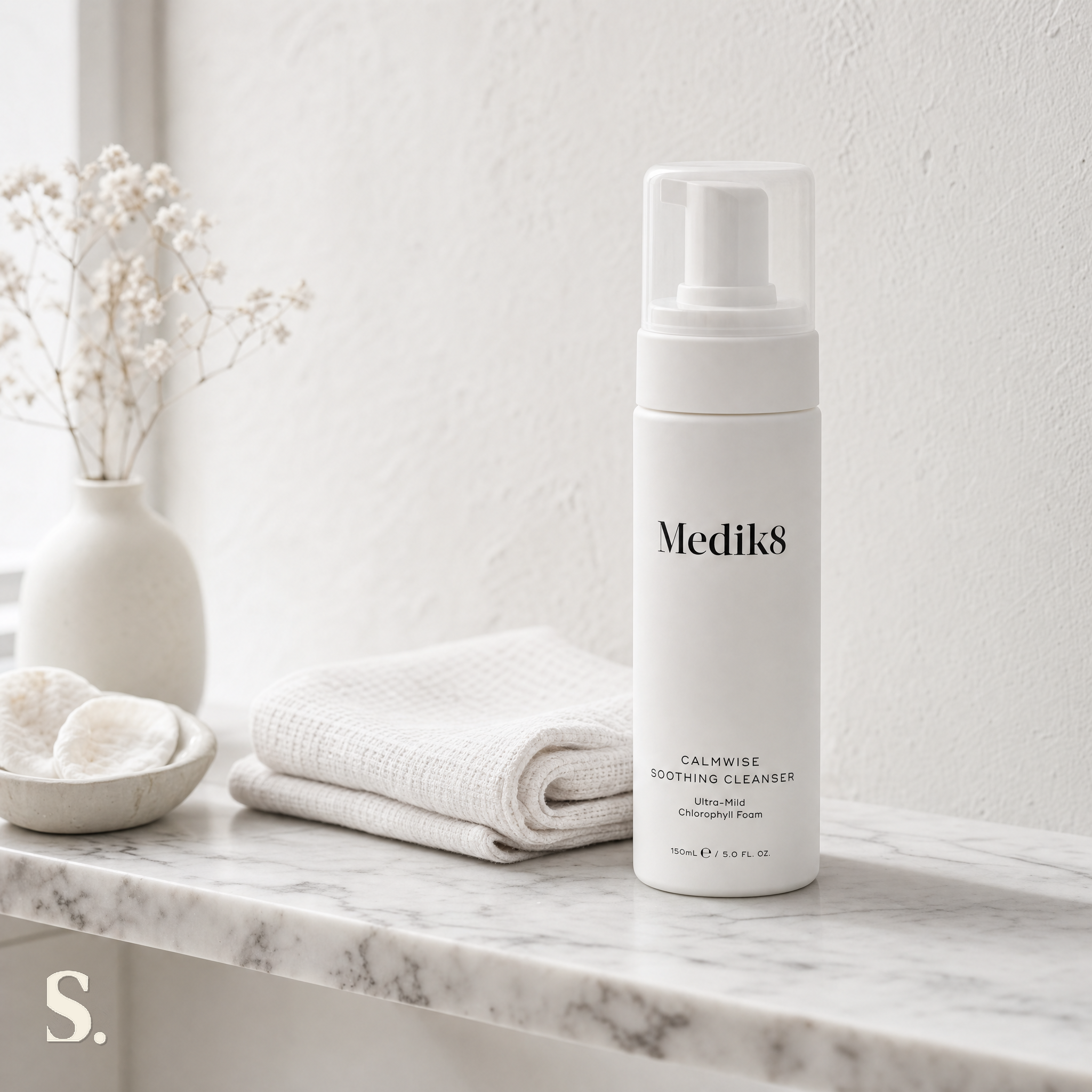 Medik8 Calmwise Soothing Cleanser Review in a lifestyle bathroom setting — Skintique review