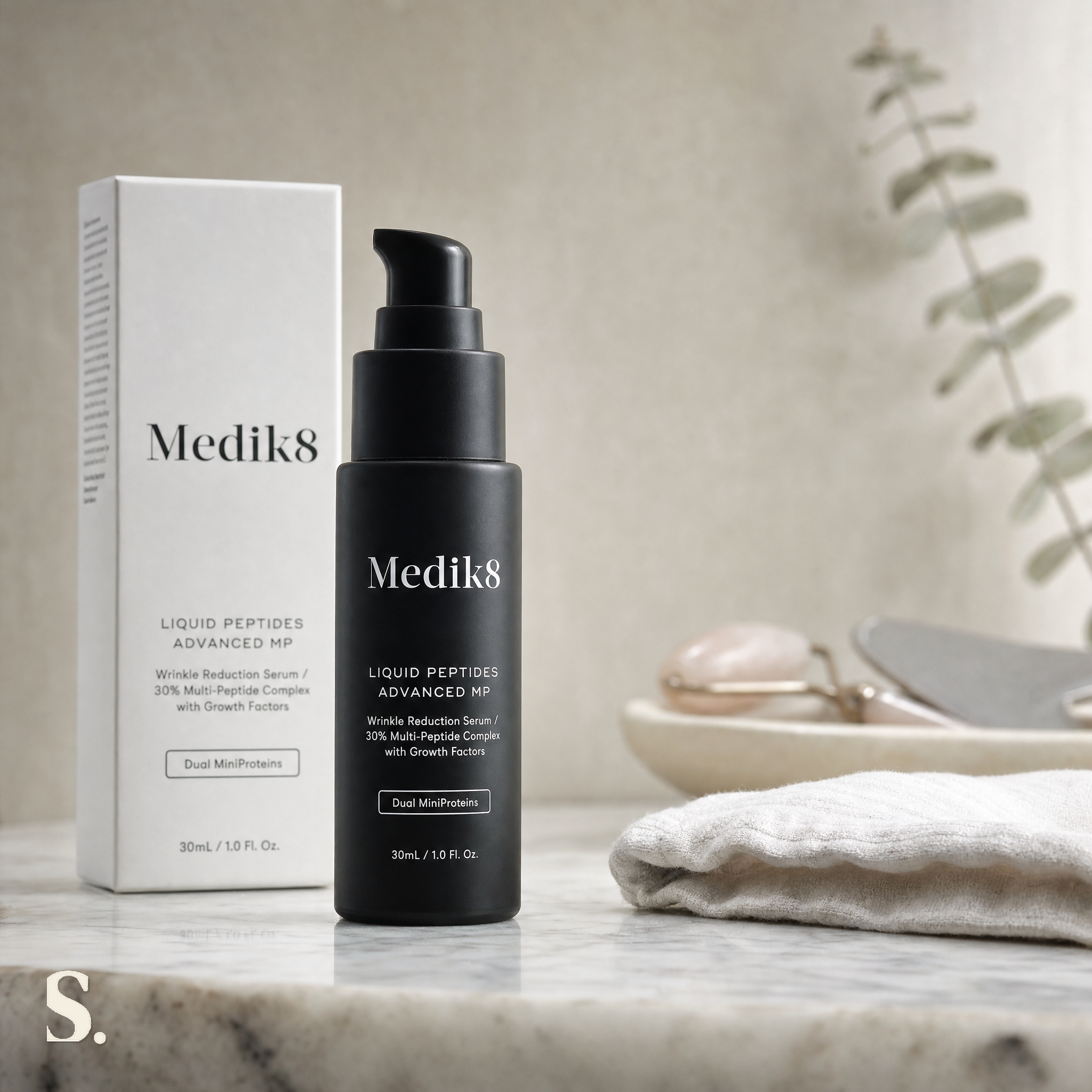 Medik8 Liquid Peptides Advanced MP Review in a lifestyle bathroom setting — Skintique review