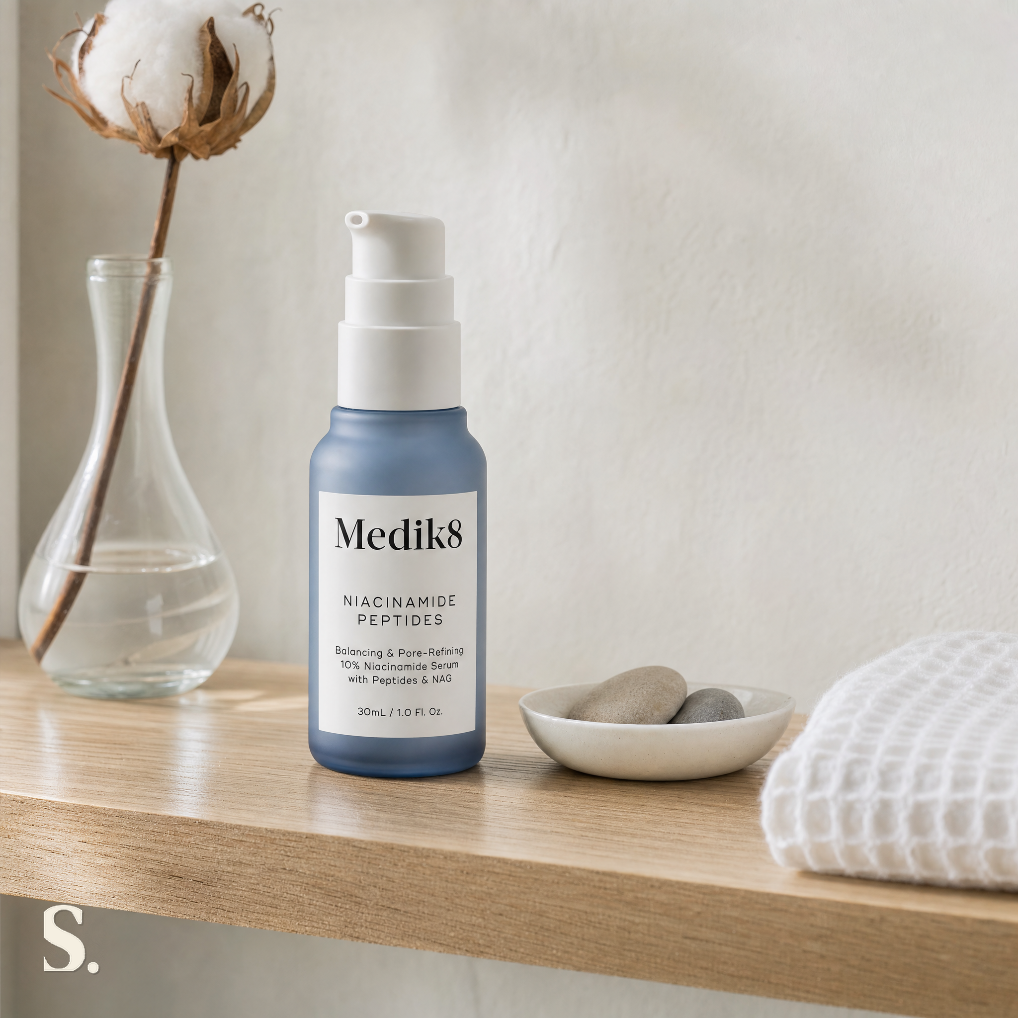 Medik8 Niacinamide Peptides | Multi-Peptides & NAG Serum | 30ml in a lifestyle bathroom setting — Skintique review