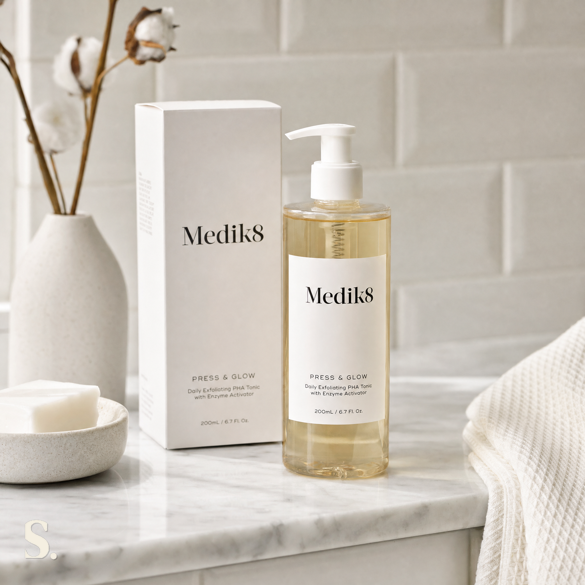 Medik8 Press & Glow Review in a lifestyle bathroom setting — Skintique review