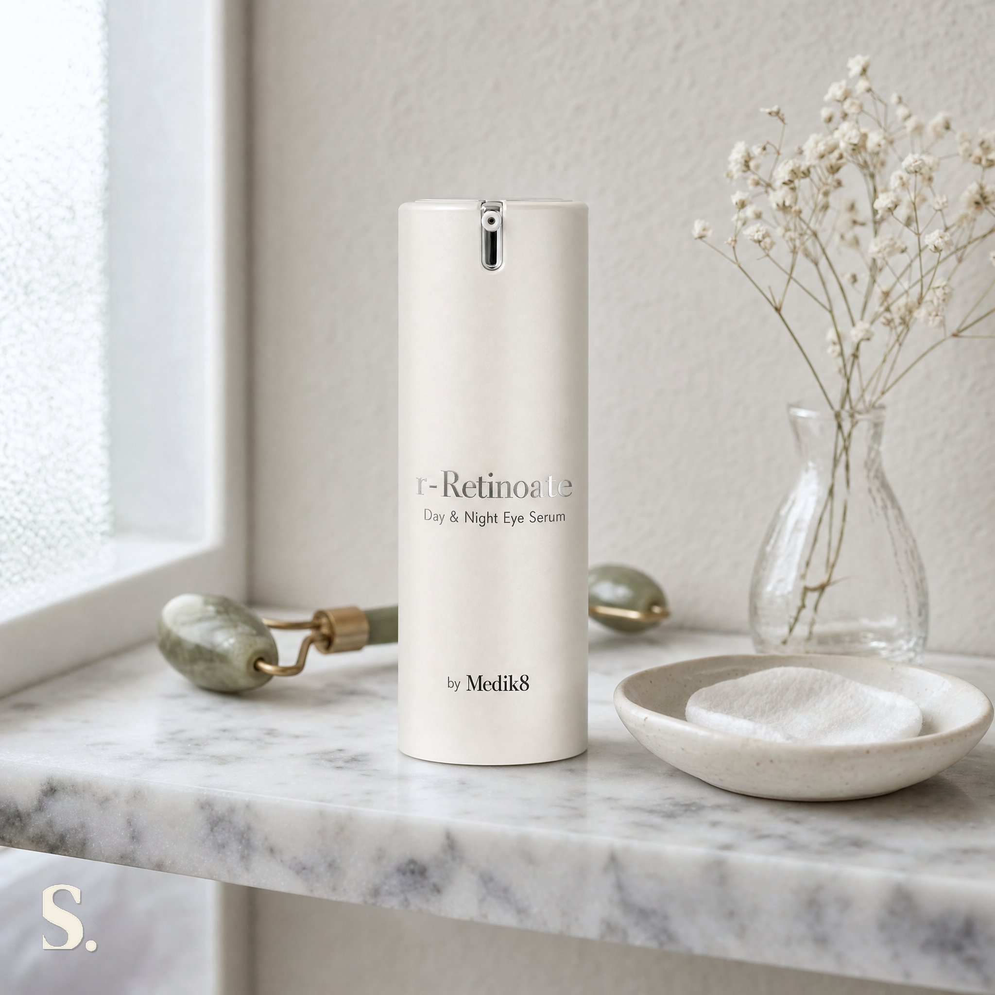 Medik8 R-Retinoate Day & Night Eye Serum in a lifestyle bathroom setting — Skintique review