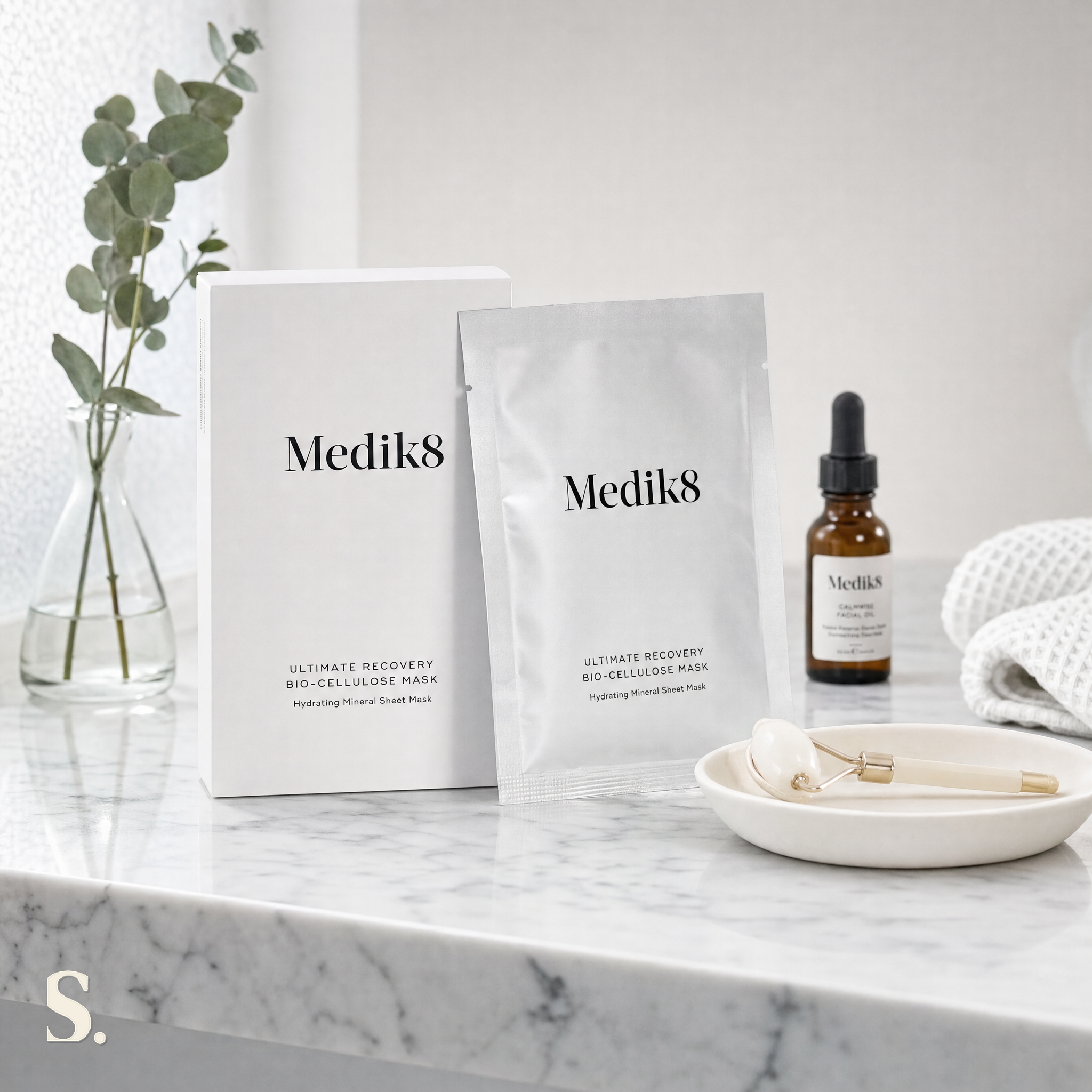 Medik8 Ultimate Recovery Bio-Cellulose Mask Review in a lifestyle bathroom setting — Skintique review