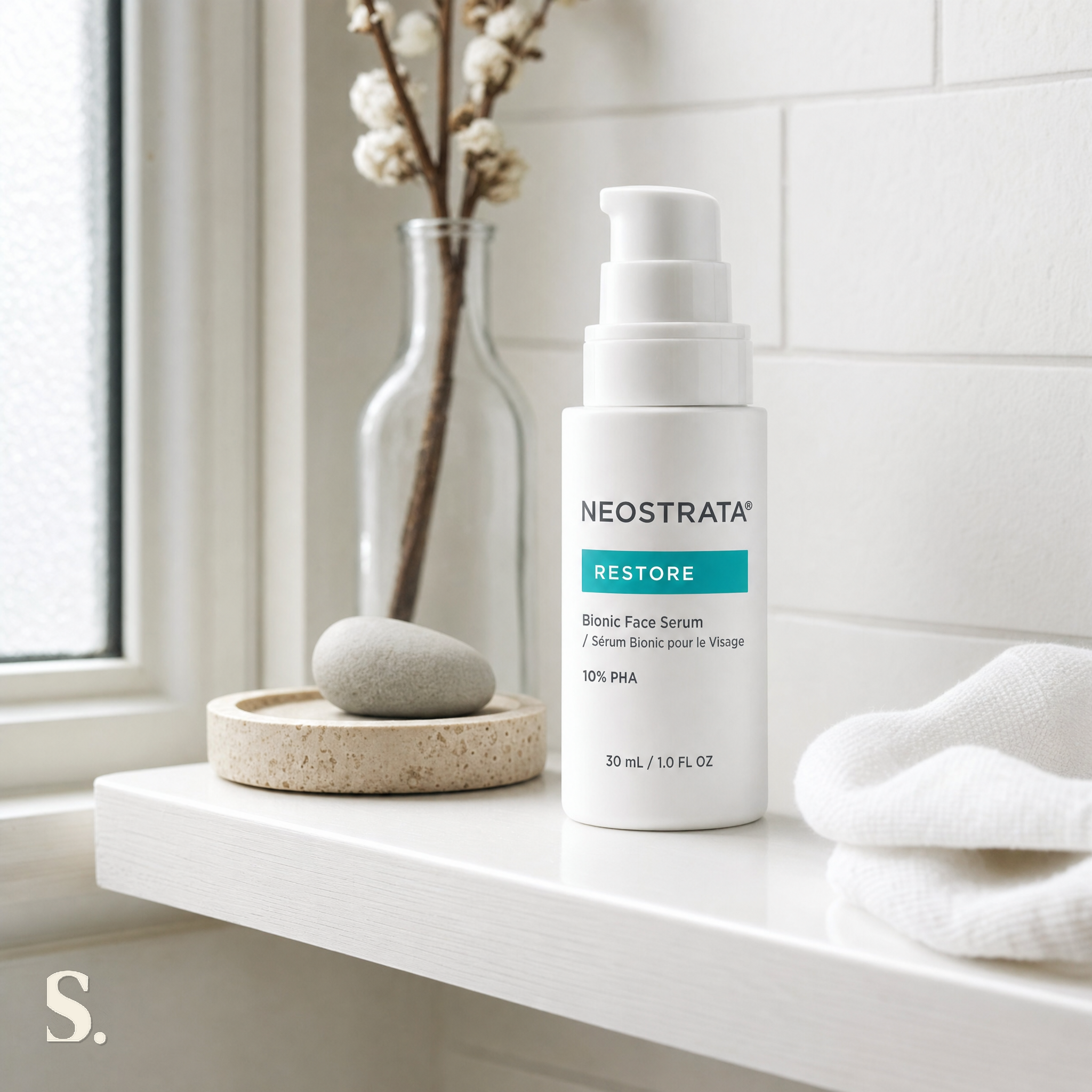 NeoStrata Bionic Face Serum Review in a lifestyle bathroom setting — Skintique review