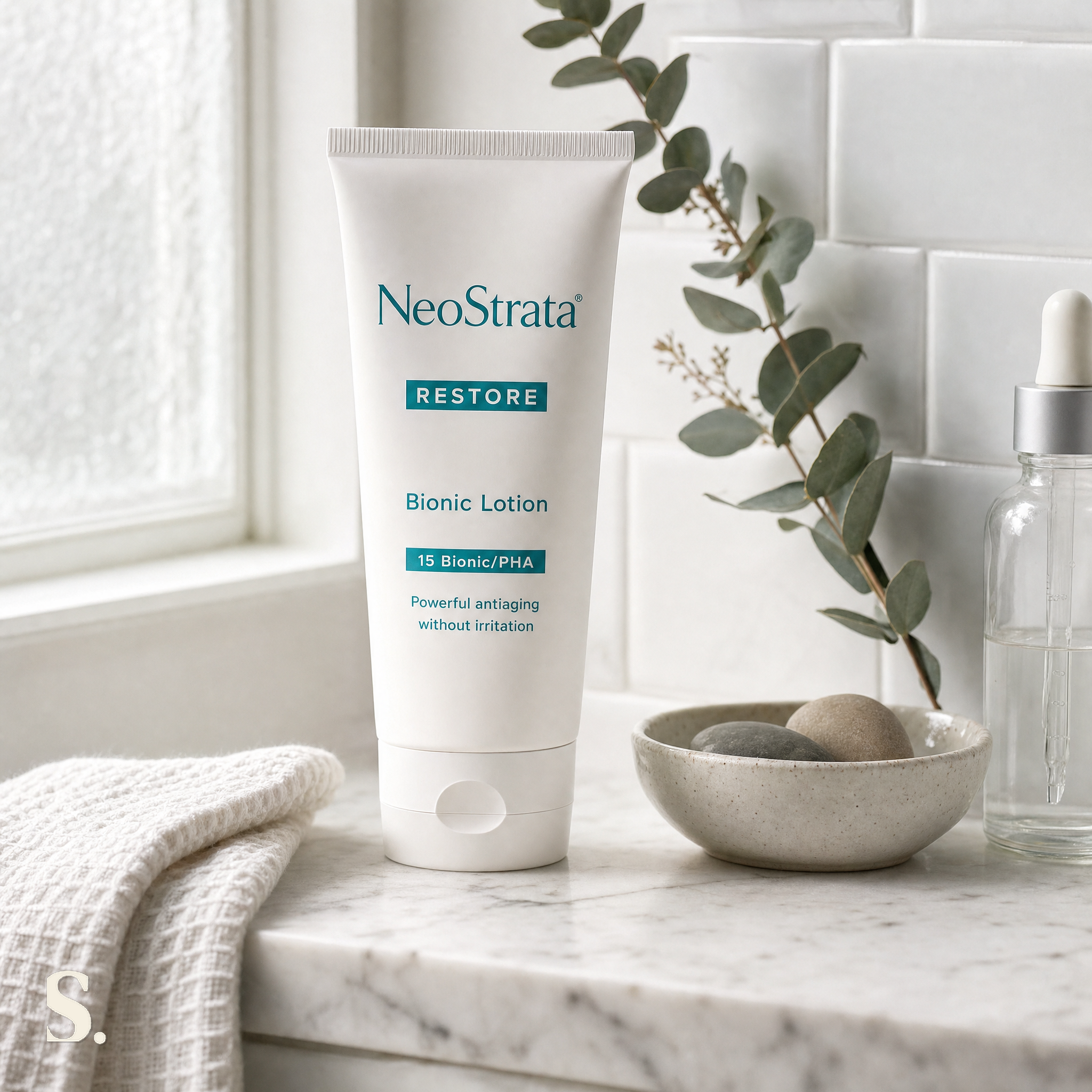 NeoStrata Bionic Lotion Review in a lifestyle bathroom setting — Skintique review