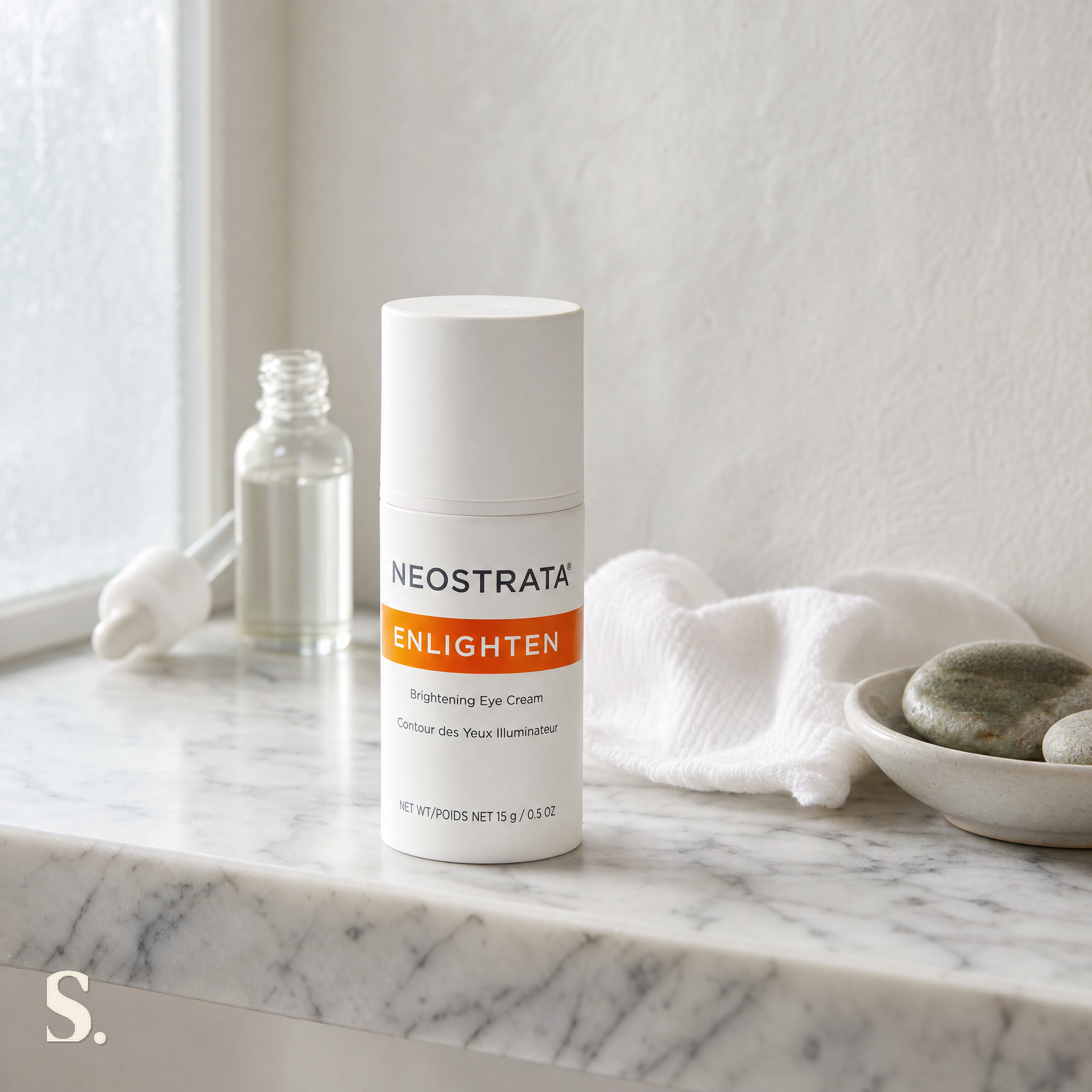 NeoStrata Enlighten Brightening Eye Cream Review in a lifestyle bathroom setting — Skintique review
