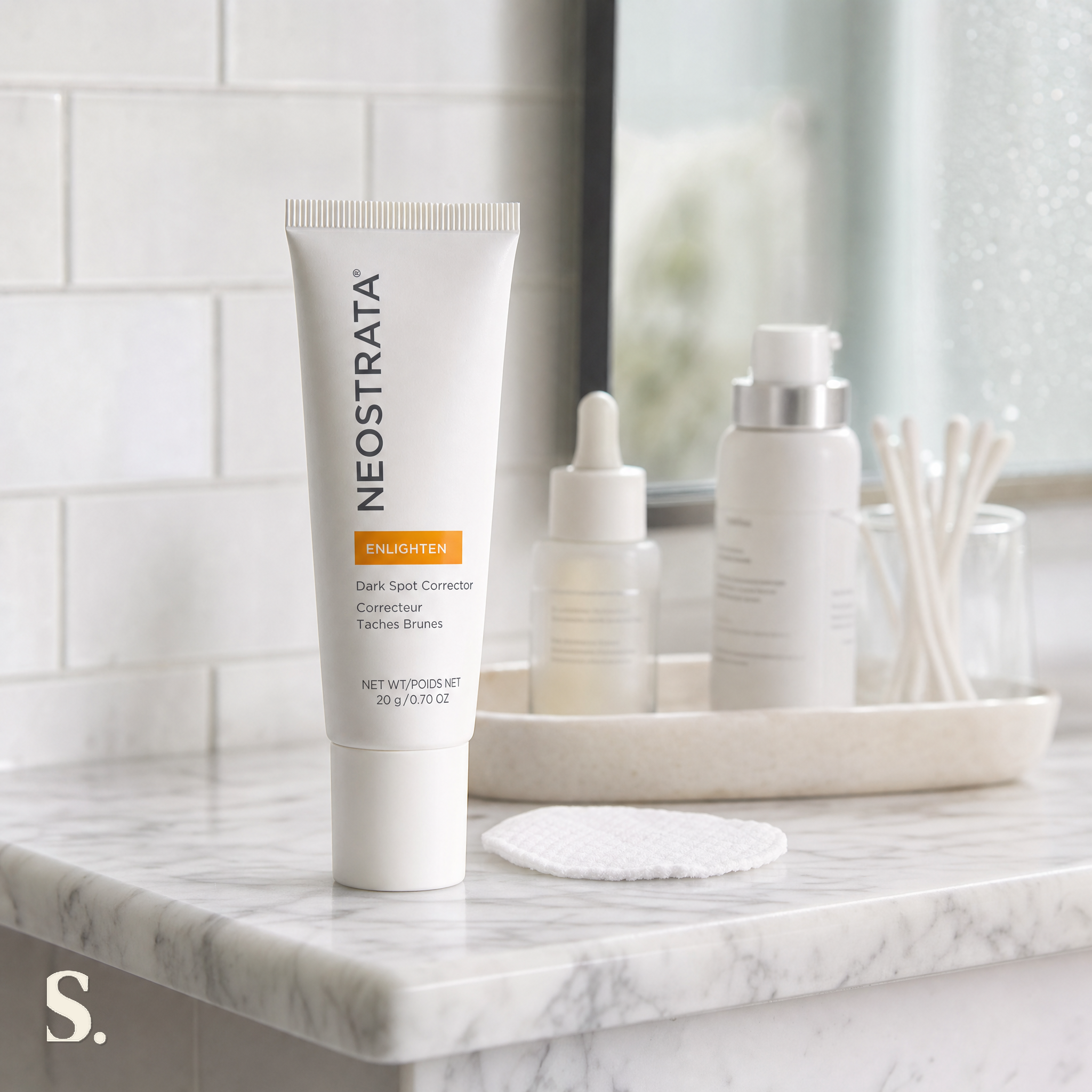 NeoStrata Enlighten Dark Spot Corrector in a lifestyle bathroom setting — Skintique review