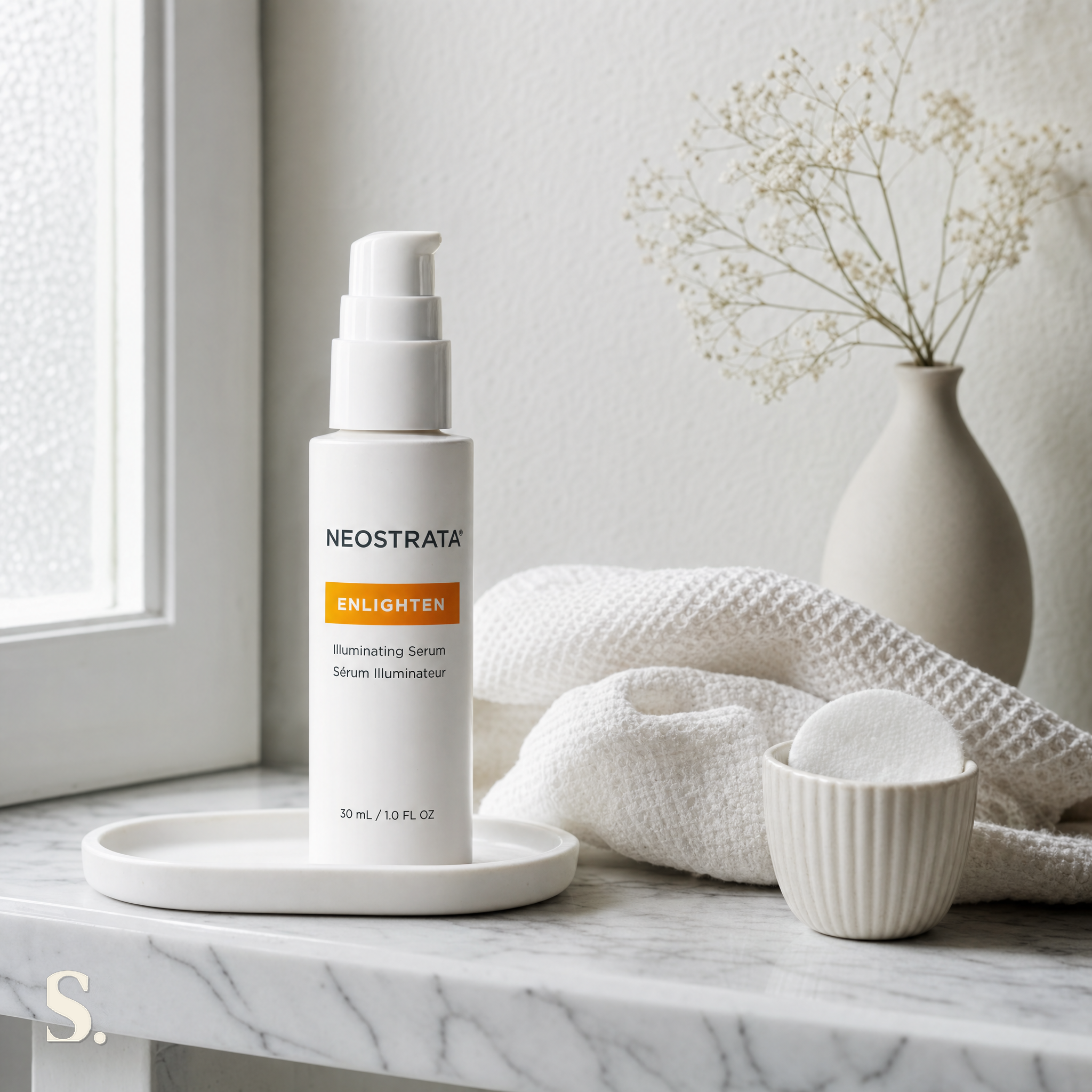 NeoStrata Enlighten Illuminating Serum in a lifestyle bathroom setting — Skintique review