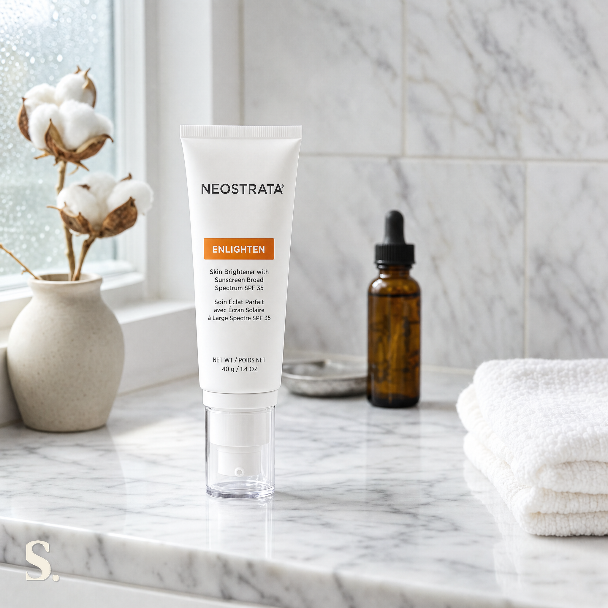 NeoStrata Enlighten Skin Brightener SPF 35 Review in a lifestyle bathroom setting — Skintique review