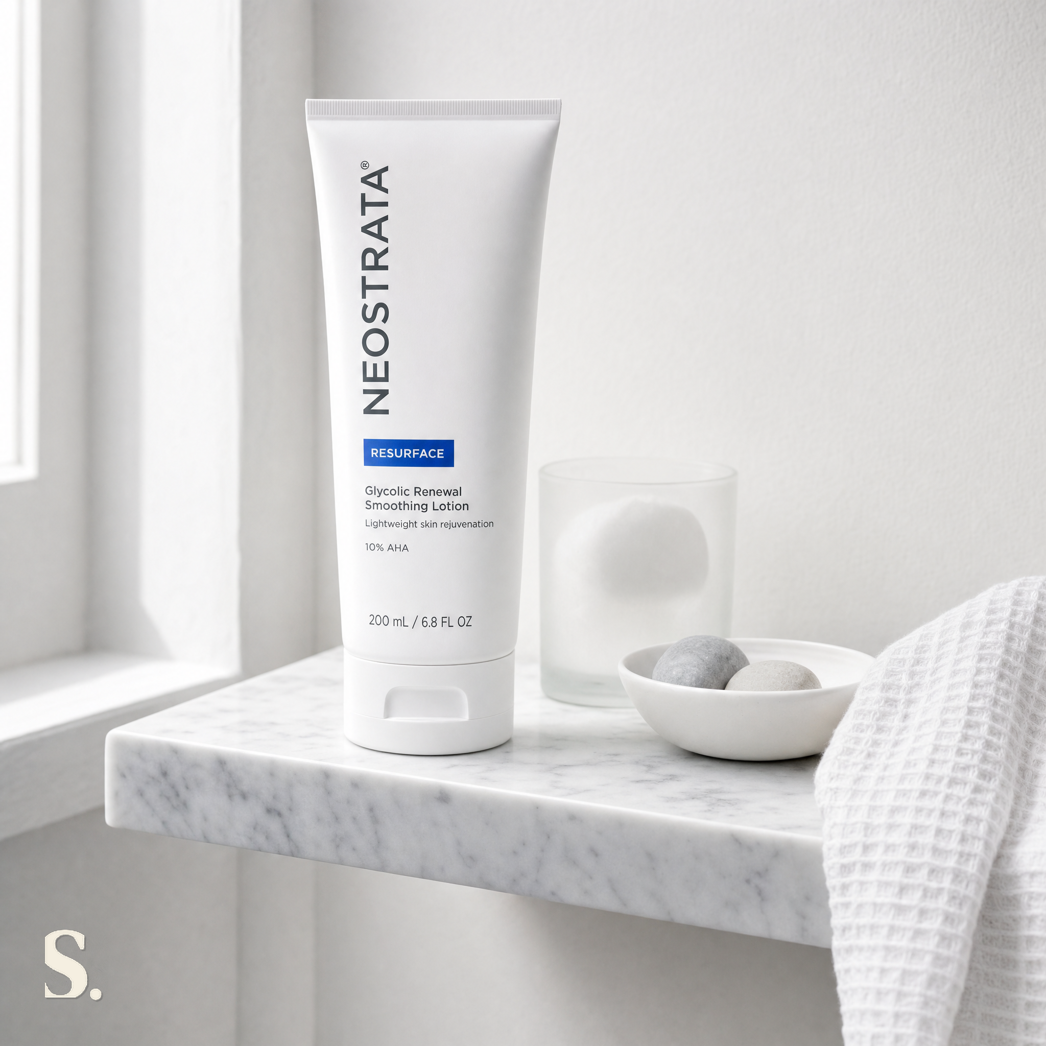NeoStrata Glycolic Renewal Smoothing Lotion Review in a lifestyle bathroom setting — Skintique review