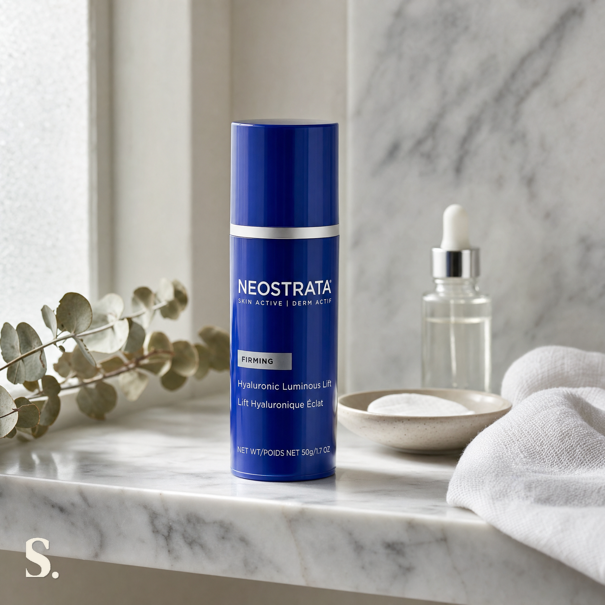 NeoStrata Hyaluronic Luminous Lift Review in a lifestyle bathroom setting — Skintique review