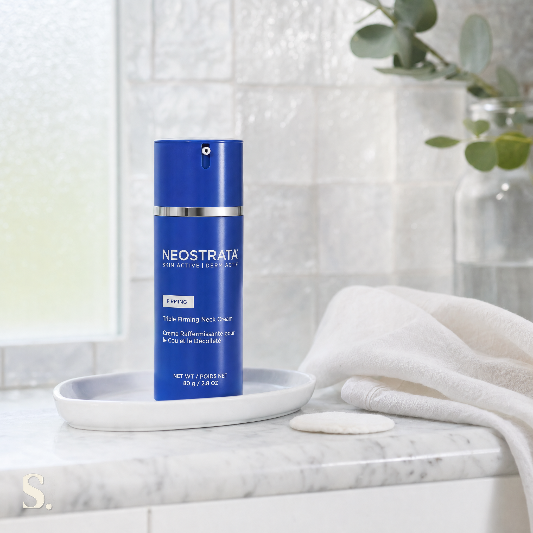 NeoStrata Triple Firming Neck Cream Review in a lifestyle bathroom setting — Skintique review