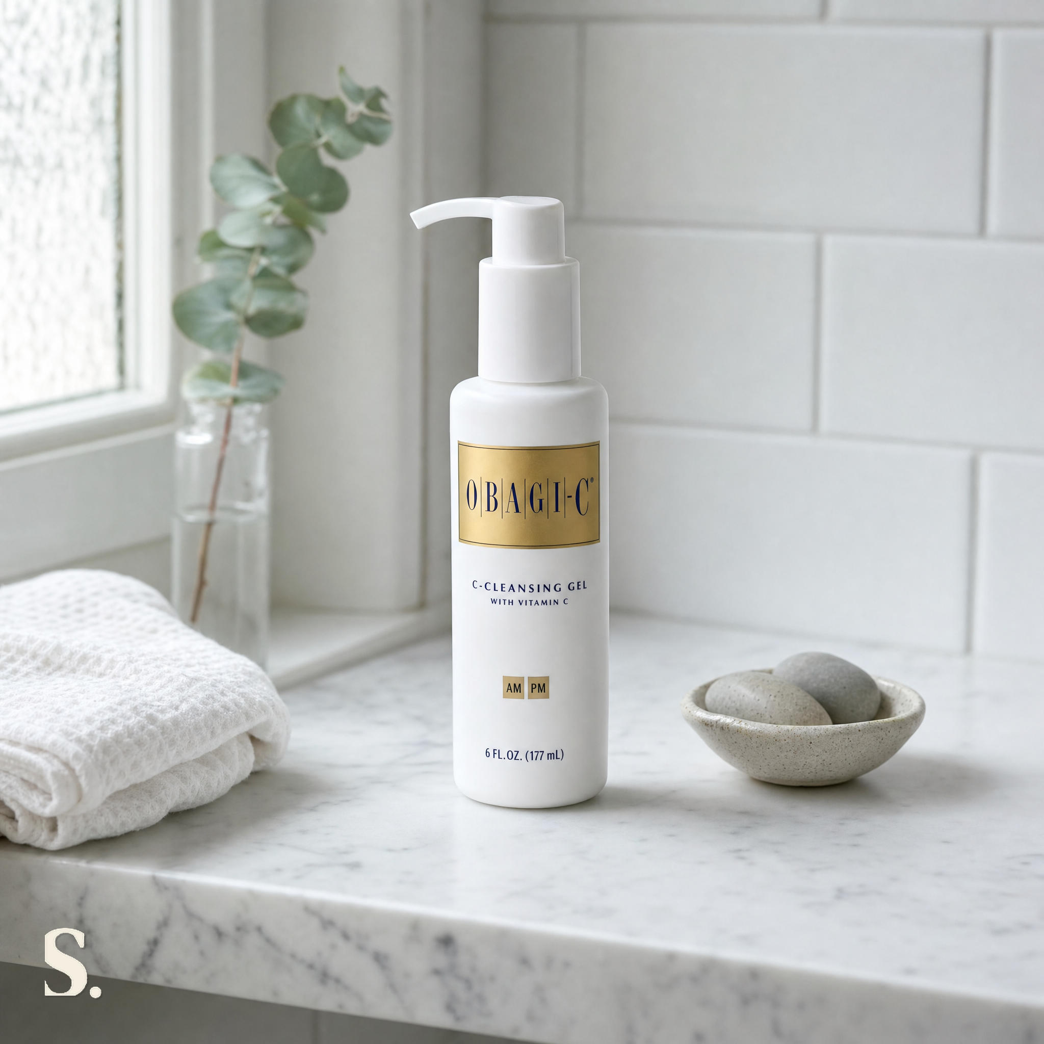 Obagi-C Cleansing Gel 180ml in a lifestyle bathroom setting — Skintique review