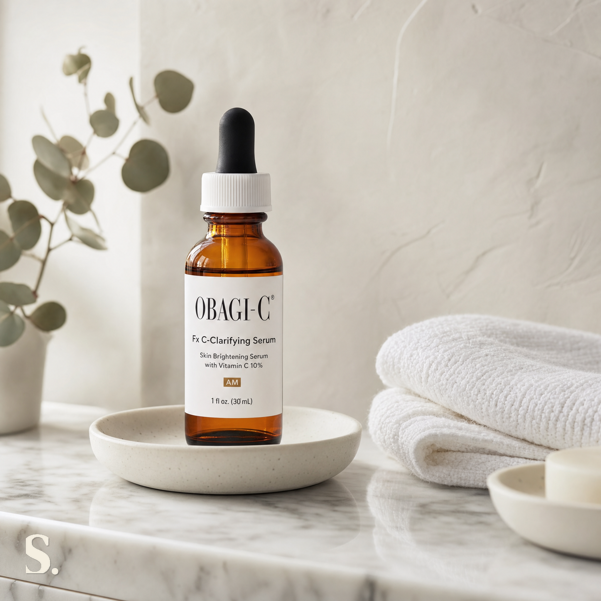 Obagi-C® Fx C-Clarifying Serum in a lifestyle bathroom setting — Skintique review