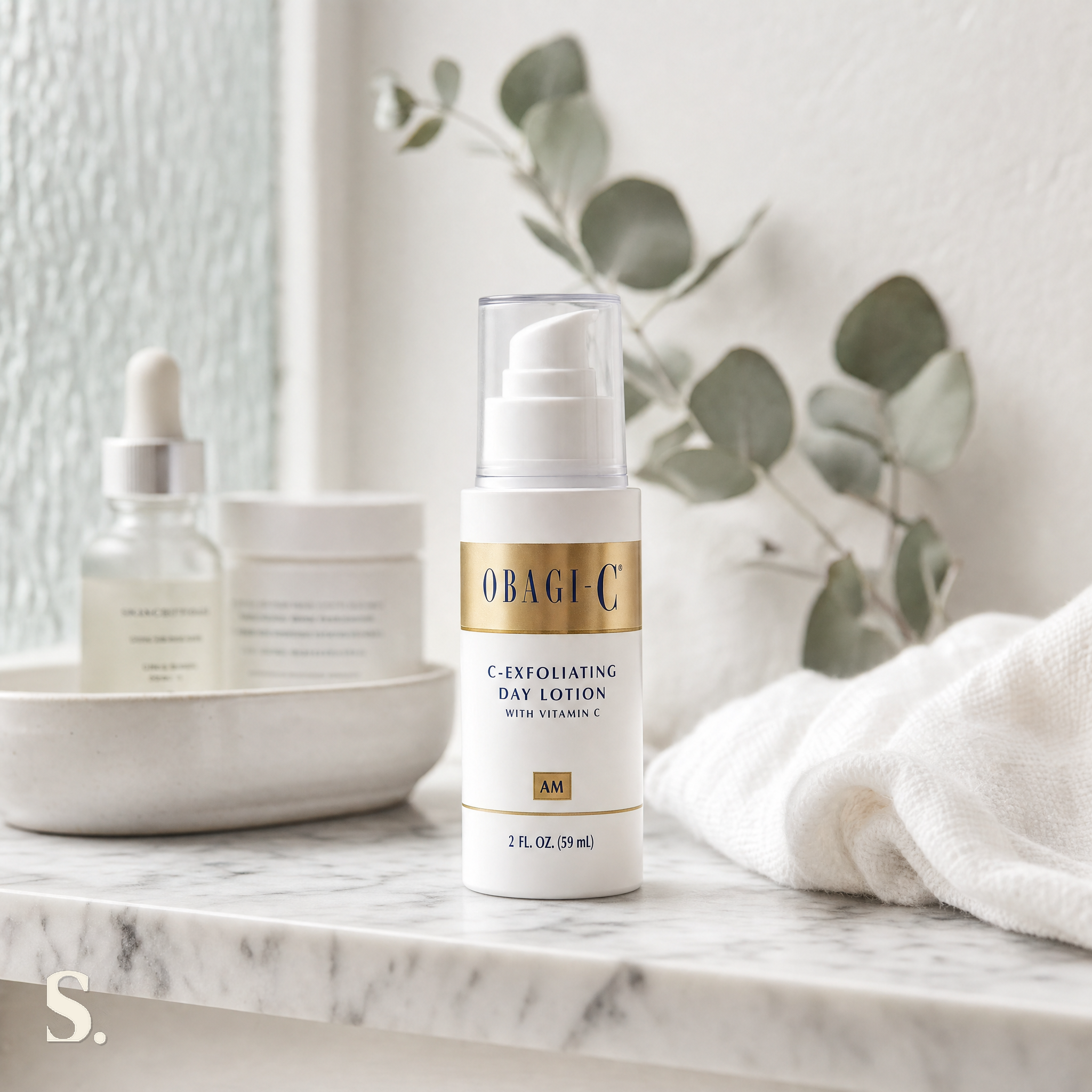 Obagi-C Fx Exfoliating Day Lotion in a lifestyle bathroom setting — Skintique review
