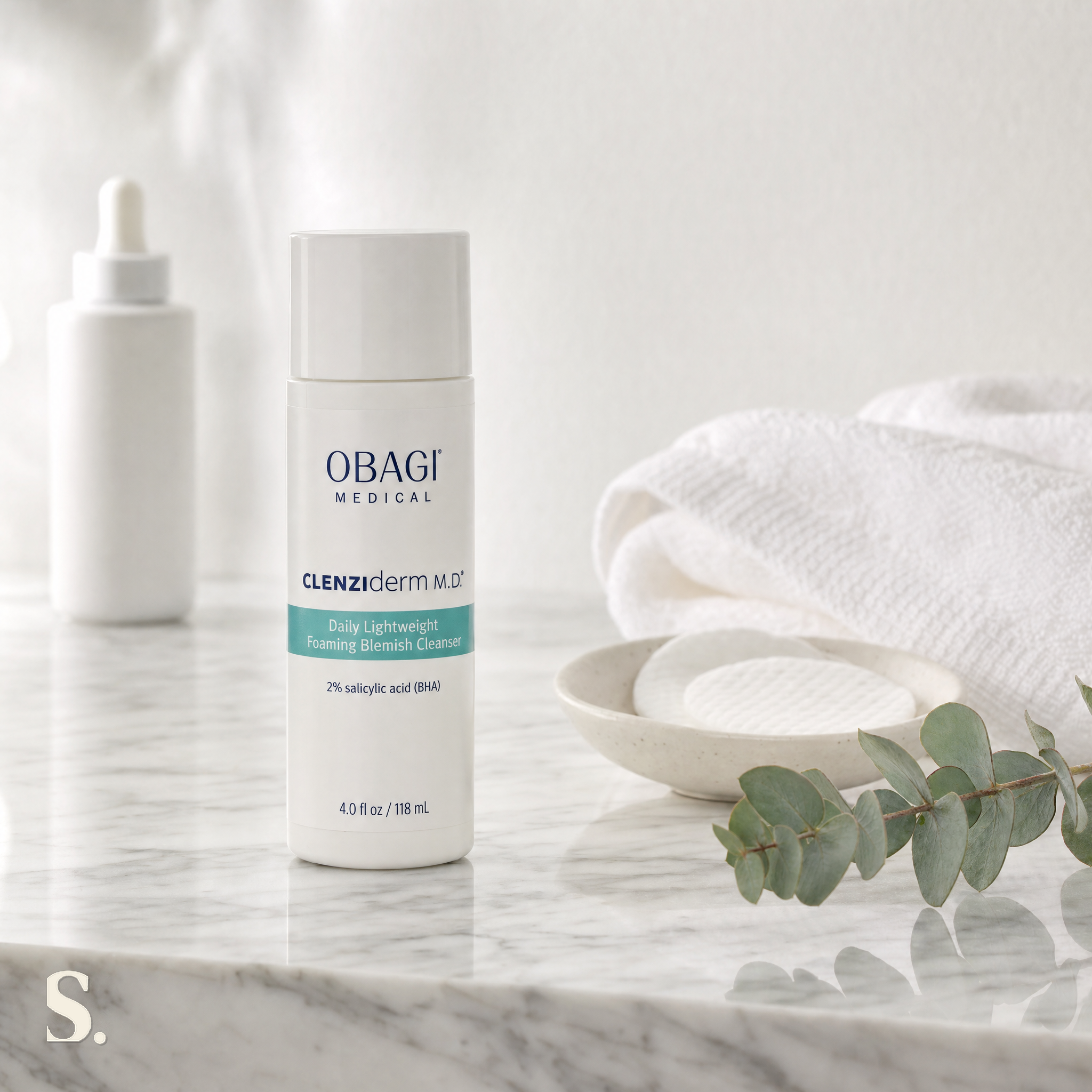 Obagi CLENZIderm M.D. Foaming Cleanser Review in a lifestyle bathroom setting — Skintique review