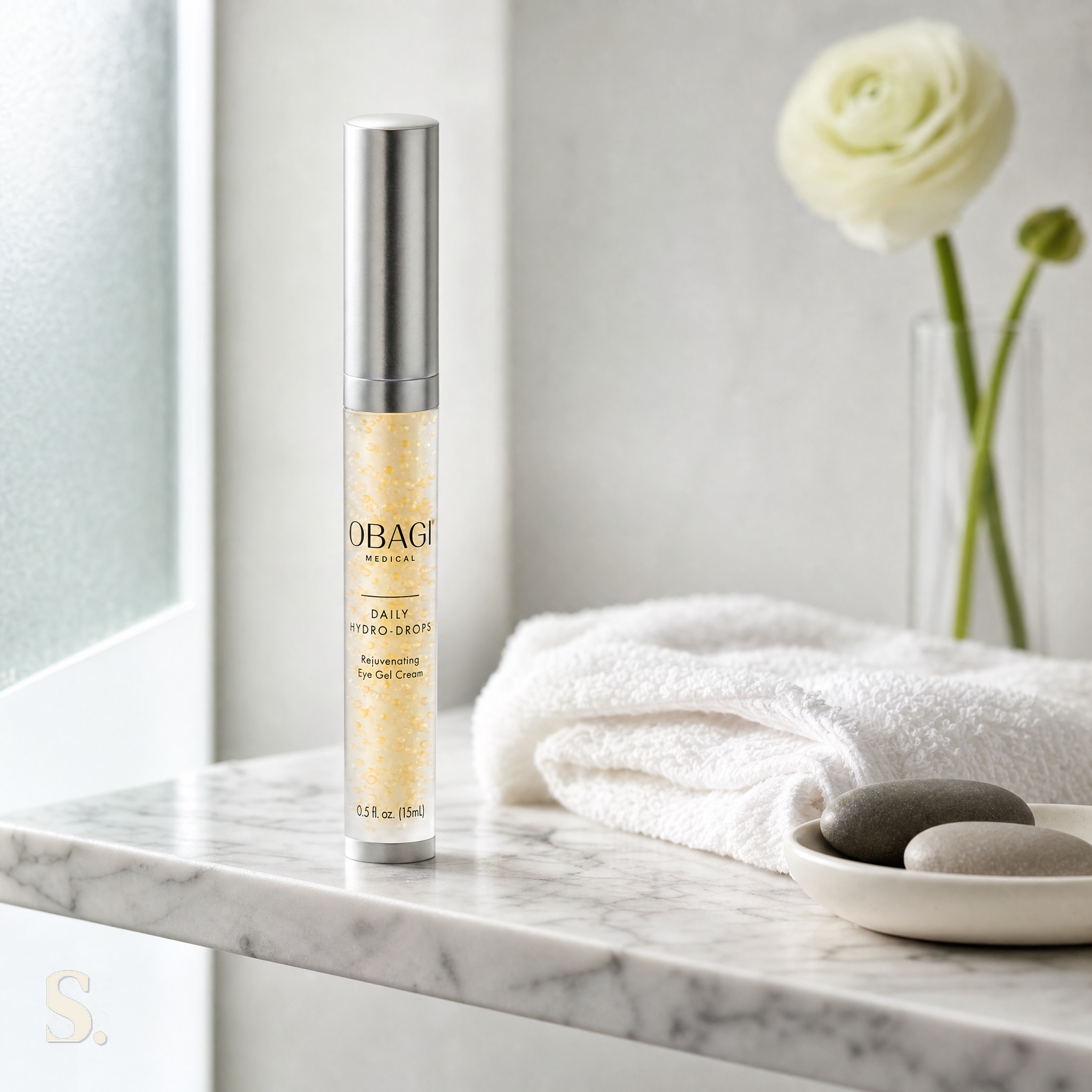 Obagi Daily Hydro-Drops Eye Gel Cream in a lifestyle bathroom setting — Skintique review